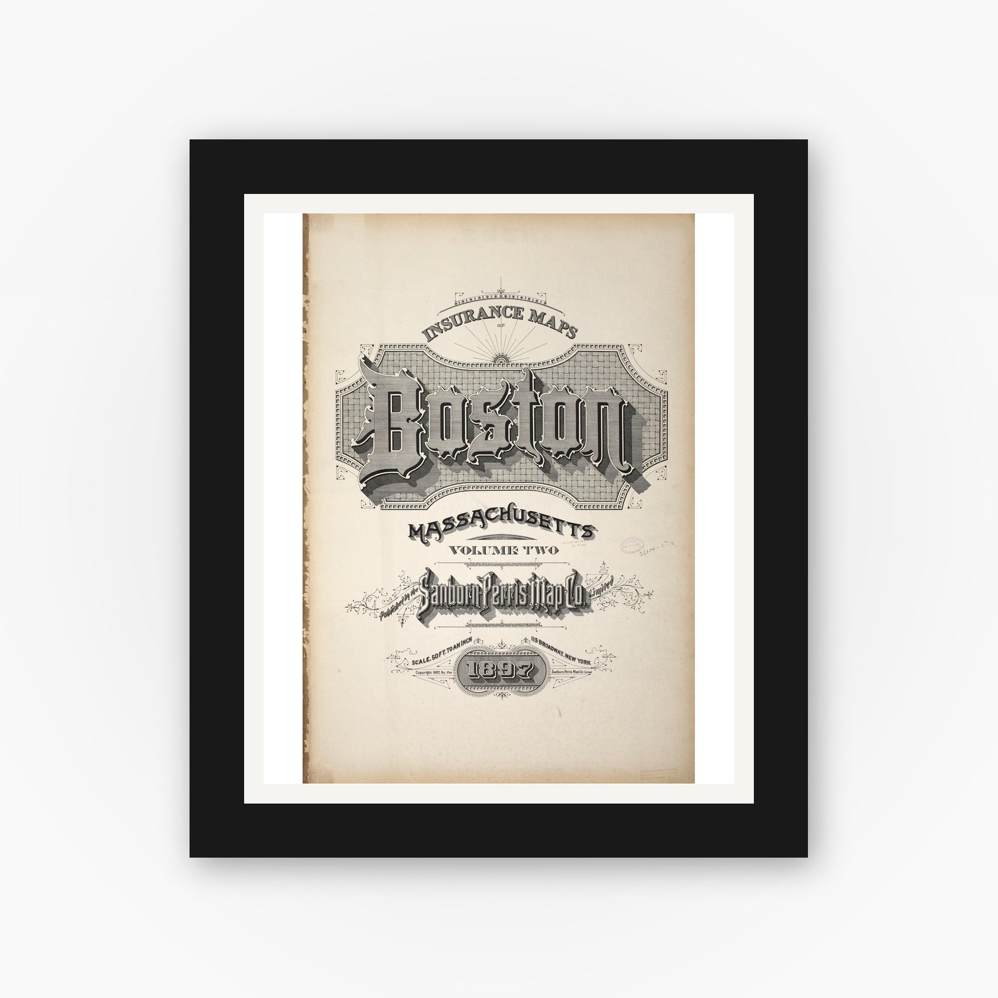 Old map wall art mockup — black gallery frame with white mat — Sanborn Fire Insurance Map from Boston, Suffolk County, Massachusetts (1897), Sheet #0001