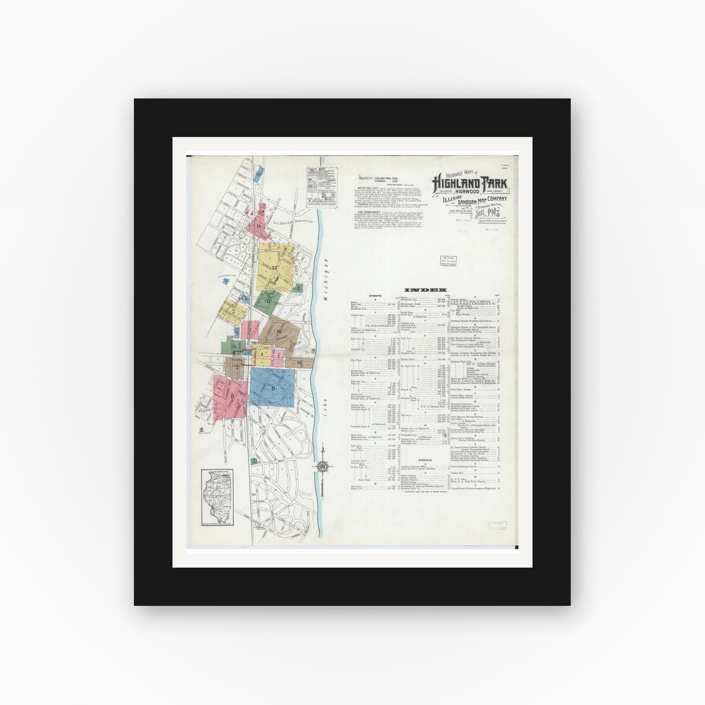 Old map wall art mockup — black gallery frame with white mat — Sanborn Fire Insurance Map from Highland Park, Lake County, Illinois (1918), Sheet #0001