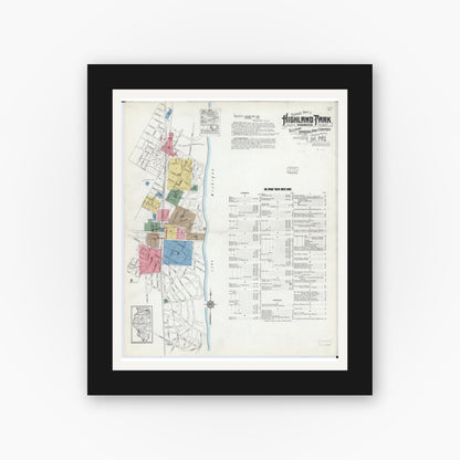 Old map wall art mockup — black gallery frame with white mat — Sanborn Fire Insurance Map from Highland Park, Lake County, Illinois (1918), Sheet #0001