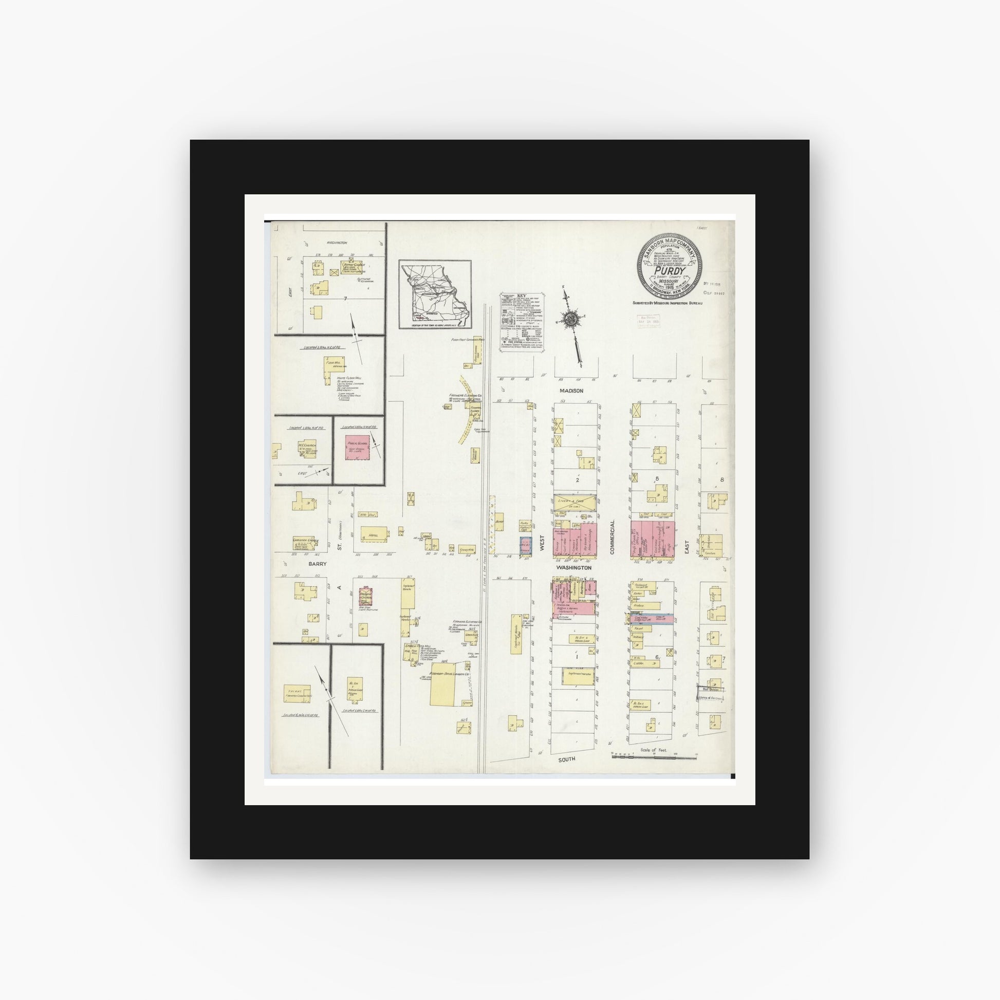 Old map wall art mockup — black gallery frame with white mat — Sanborn Fire Insurance Map from Purdy, Barry County, Missouri (1915), Sheet #0001