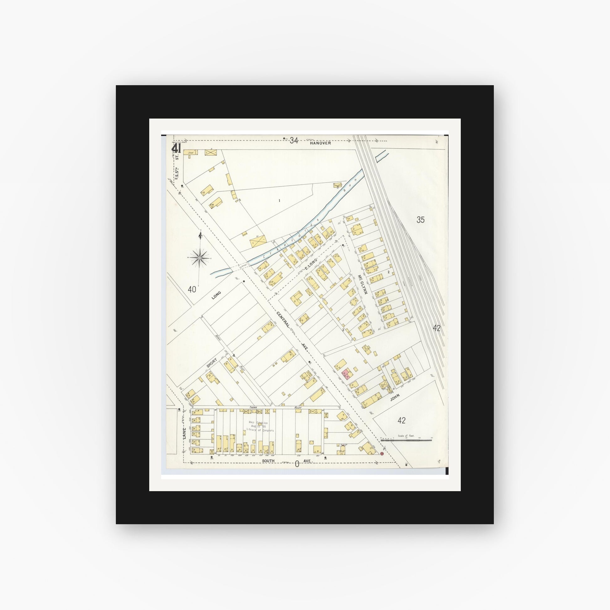 Old map wall art mockup — black gallery frame with white mat — Sanborn Fire Insurance Map from Hamilton, Butler County, Ohio (1899), Sheet #0041