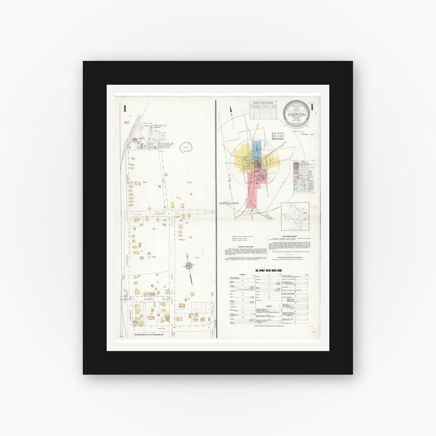 Old map wall art mockup — black gallery frame with white mat — Sanborn Fire Insurance Map from Overton, Rusk County, Texas (1936), Sheet #0001