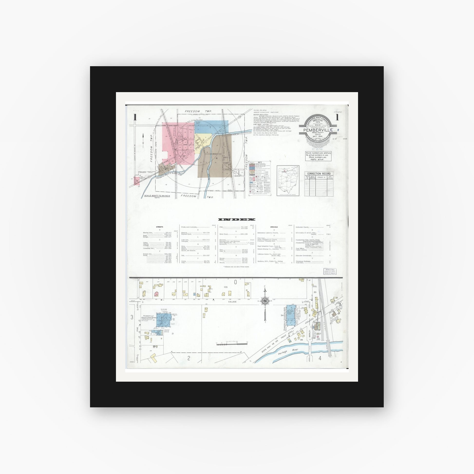 Old map wall art mockup — black gallery frame with white mat — Sanborn Fire Insurance Map from Pemberville, Wood County, Ohio (1948) - Complete Map Set