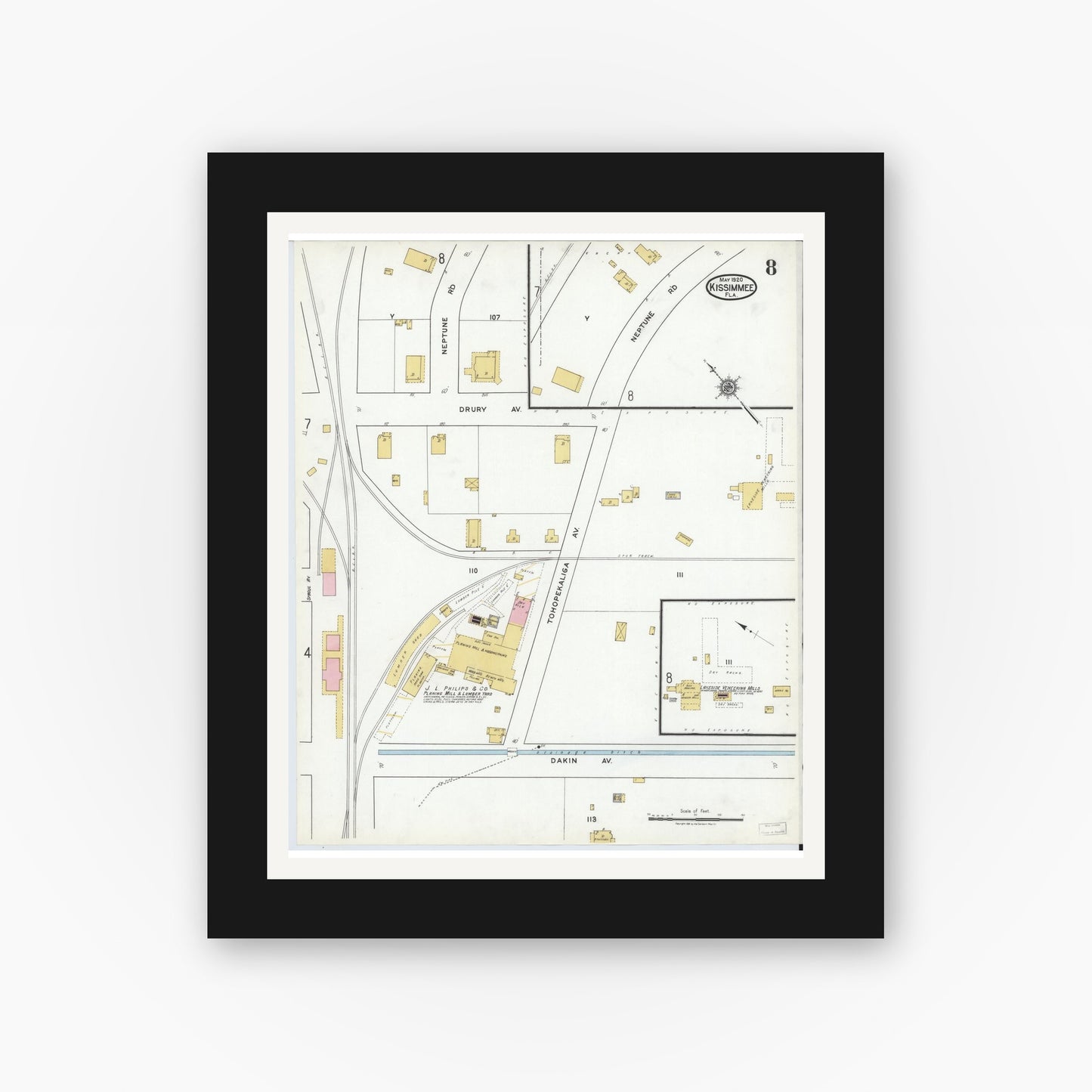 Old map wall art mockup — black gallery frame with white mat — Sanborn Fire Insurance Map from Kissimmee, Osceola County, Florida (1920), Sheet #0008
