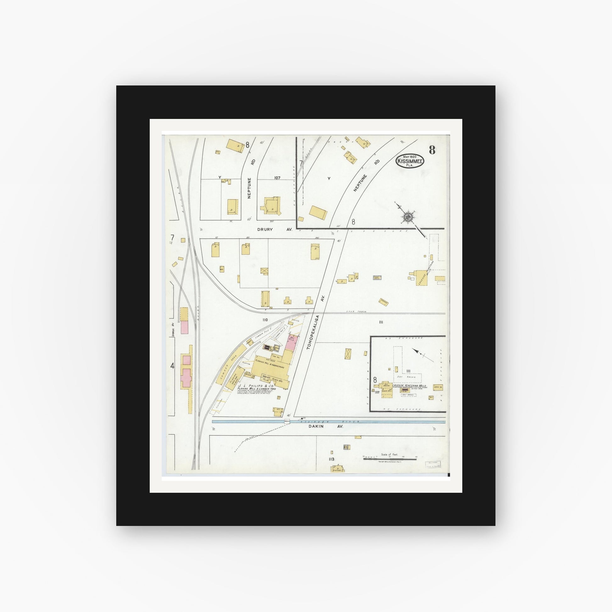 Old map wall art mockup — black gallery frame with white mat — Sanborn Fire Insurance Map from Kissimmee, Osceola County, Florida (1920), Sheet #0008