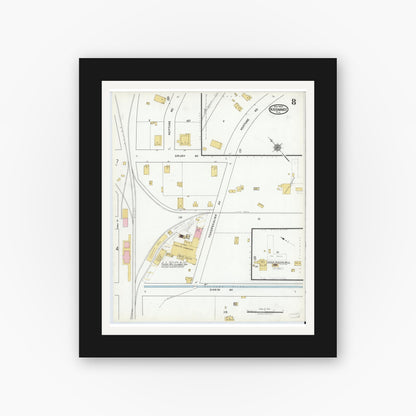 Old map wall art mockup — black gallery frame with white mat — Sanborn Fire Insurance Map from Kissimmee, Osceola County, Florida (1920), Sheet #0008