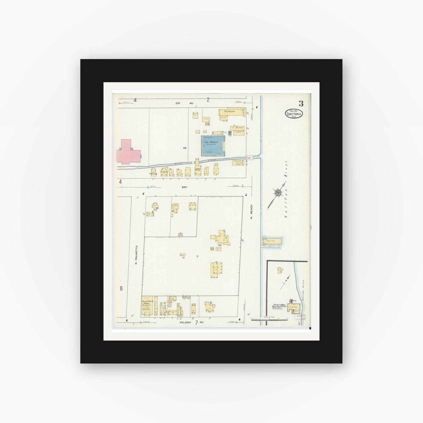 Old map wall art mockup — black gallery frame with white mat — Sanborn Fire Insurance Map from Daytona, Volusia County, Florida (1912), Sheet #0003