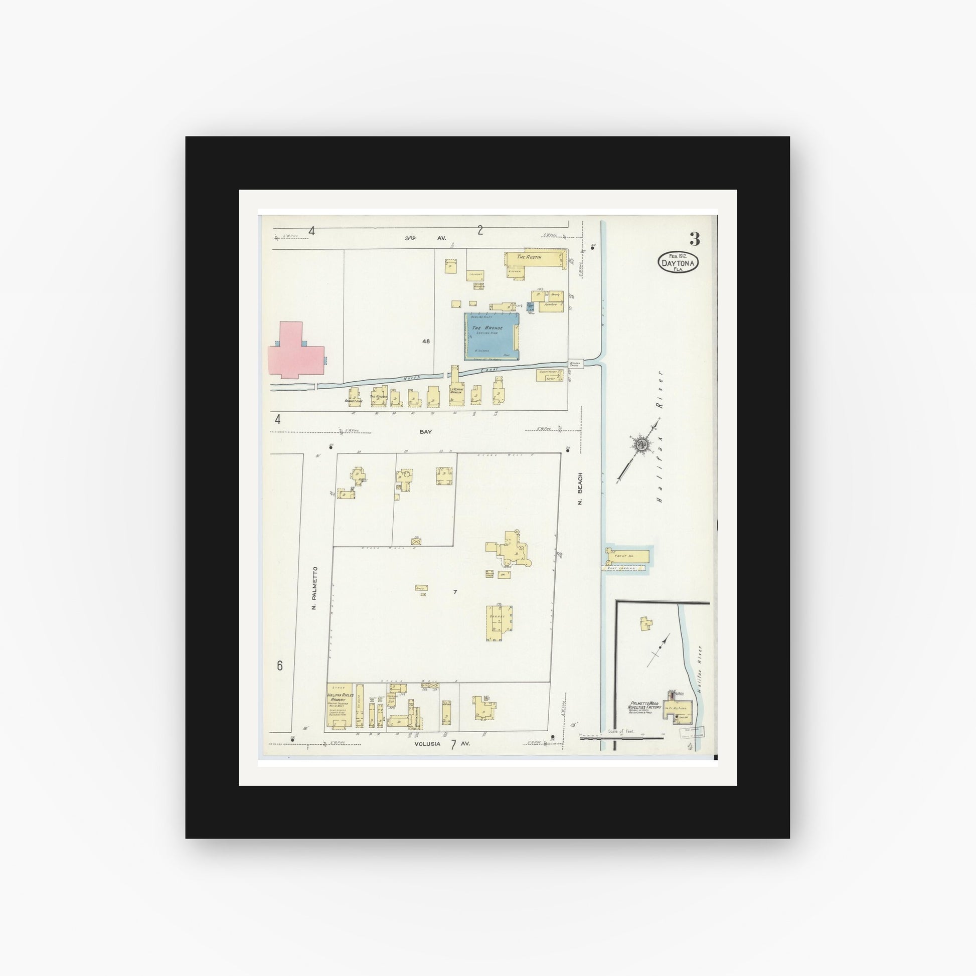 Old map wall art mockup — black gallery frame with white mat — Sanborn Fire Insurance Map from Daytona, Volusia County, Florida (1912), Sheet #0003