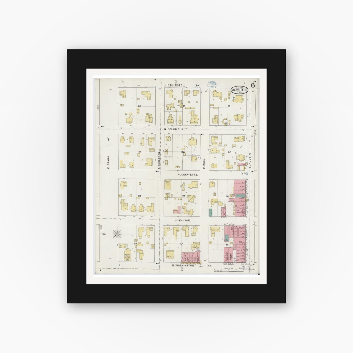 Old map wall art mockup — black gallery frame with white mat — Sanborn Fire Insurance Map from Marshall, Harrison County, Texas (1894), Sheet #0006