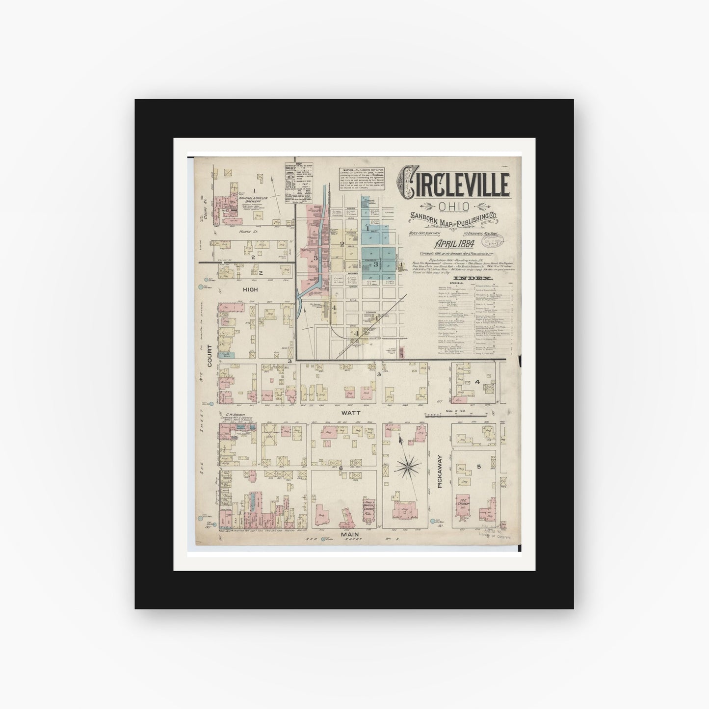 Old map wall art mockup — black gallery frame with white mat — Sanborn Fire Insurance Map from Circleville, Pickaway County, Ohio (1884), Sheet #0001