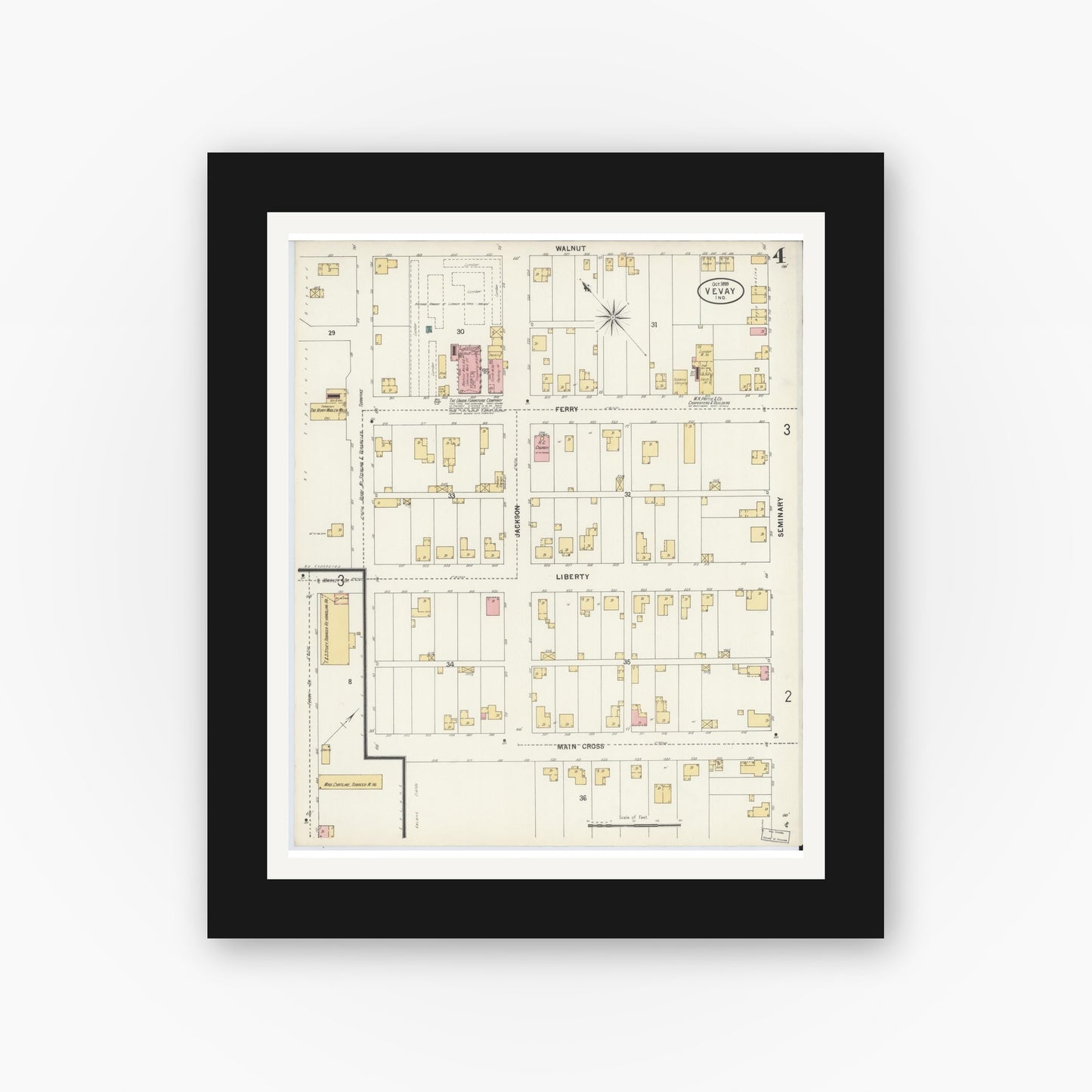 Old map wall art mockup — black gallery frame with white mat — Sanborn Fire Insurance Map from Vevay, Switzerland County, Indiana (1899), Sheet #0004