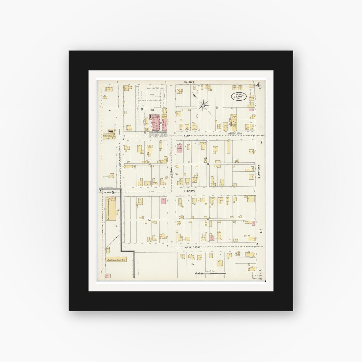 Old map wall art mockup — black gallery frame with white mat — Sanborn Fire Insurance Map from Vevay, Switzerland County, Indiana (1899), Sheet #0004