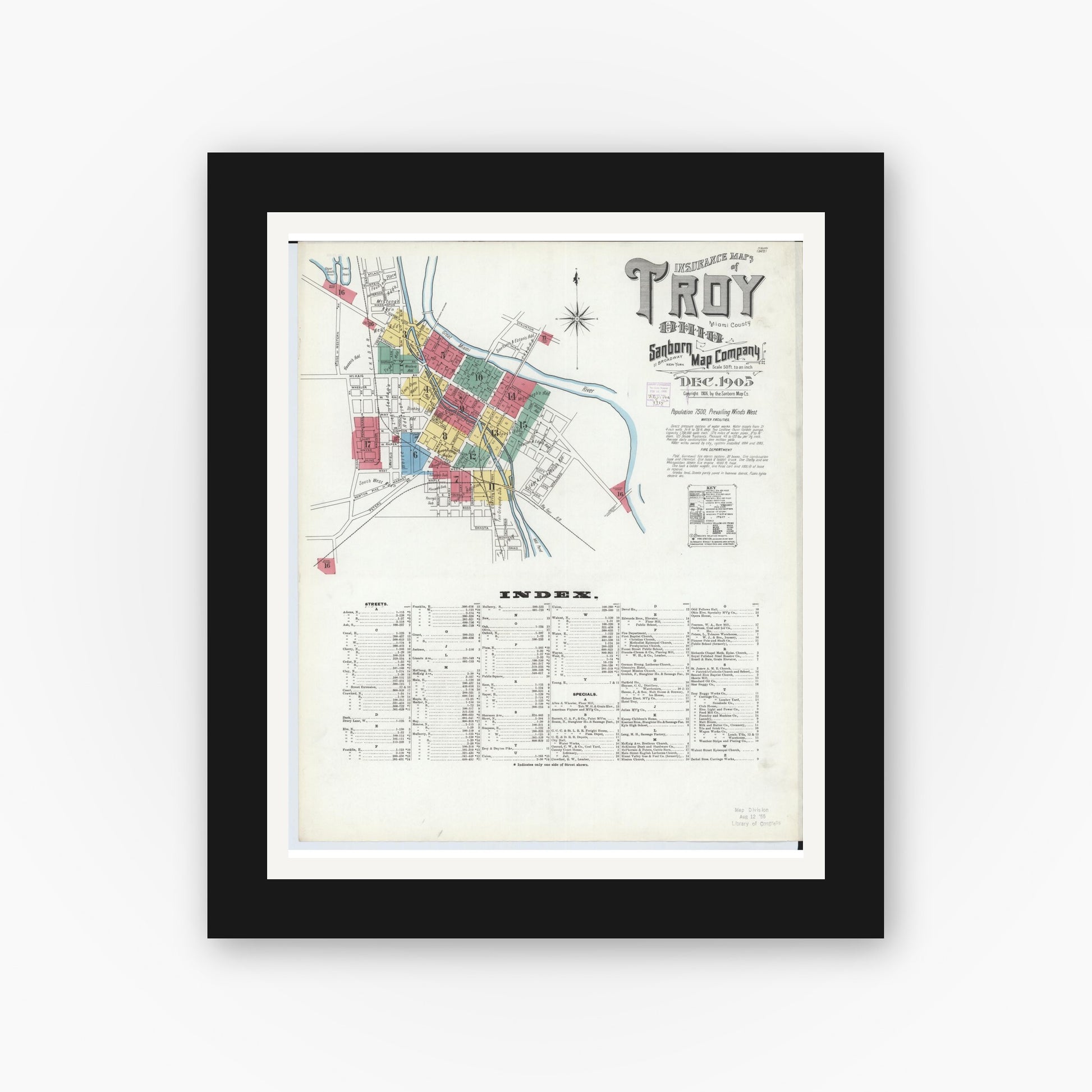 Old map wall art mockup — black gallery frame with white mat — Sanborn Fire Insurance Map from Troy, Miami County, Ohio (1905) - Complete Map Set