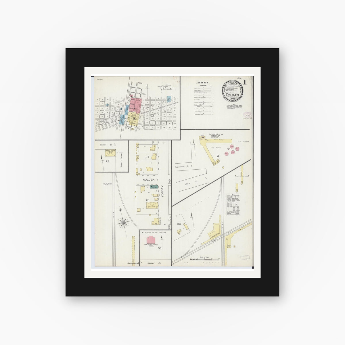 Old map wall art mockup — black gallery frame with white mat — Sanborn Fire Insurance Map from Tolono, Champaign County, Illinois (1893) - Complete Map Set