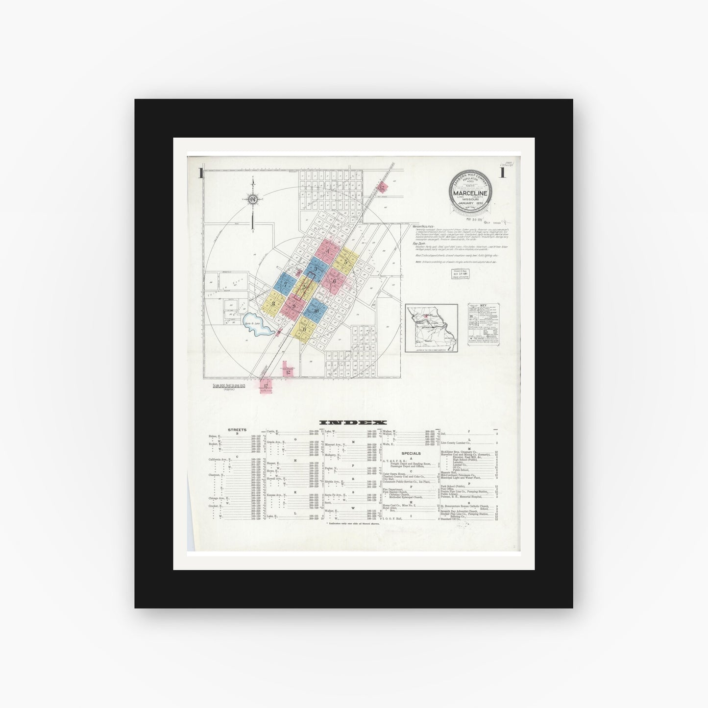 Old map wall art mockup — black gallery frame with white mat — Sanborn Fire Insurance Map from Marceline, Linn County, Missouri (1930) - Complete Map Set