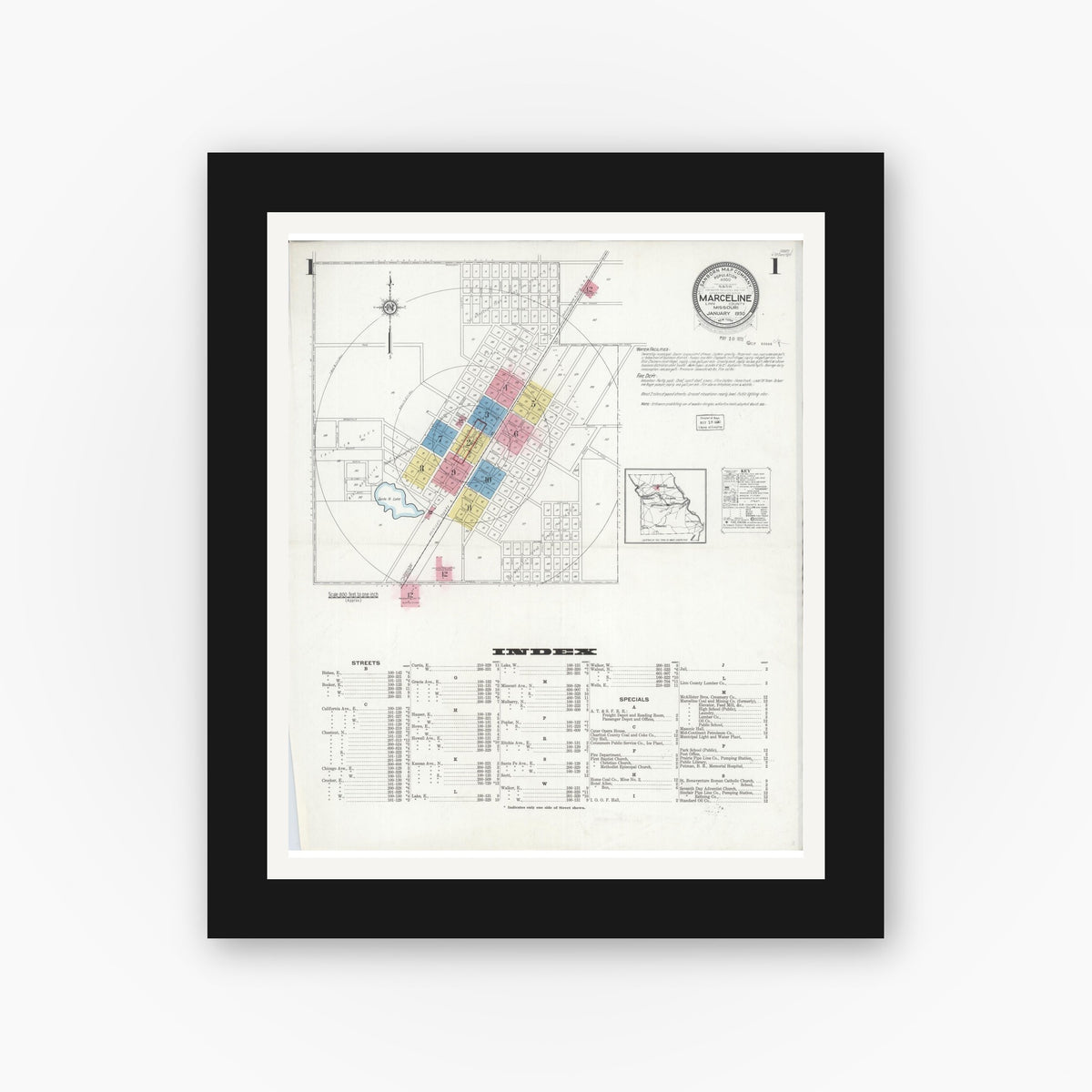 Old map wall art mockup — black gallery frame with white mat — Sanborn Fire Insurance Map from Marceline, Linn County, Missouri (1930) - Complete Map Set