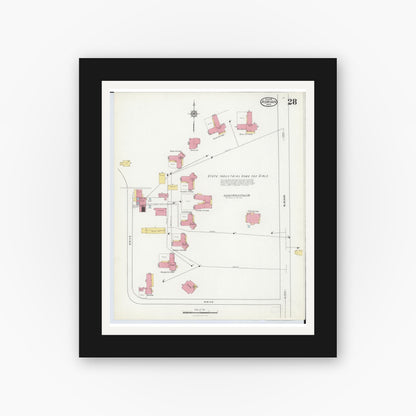 Old map wall art mockup — black gallery frame with white mat — Sanborn Fire Insurance Map from Adrian, Lenawee County, Michigan (1916), Sheet #0028