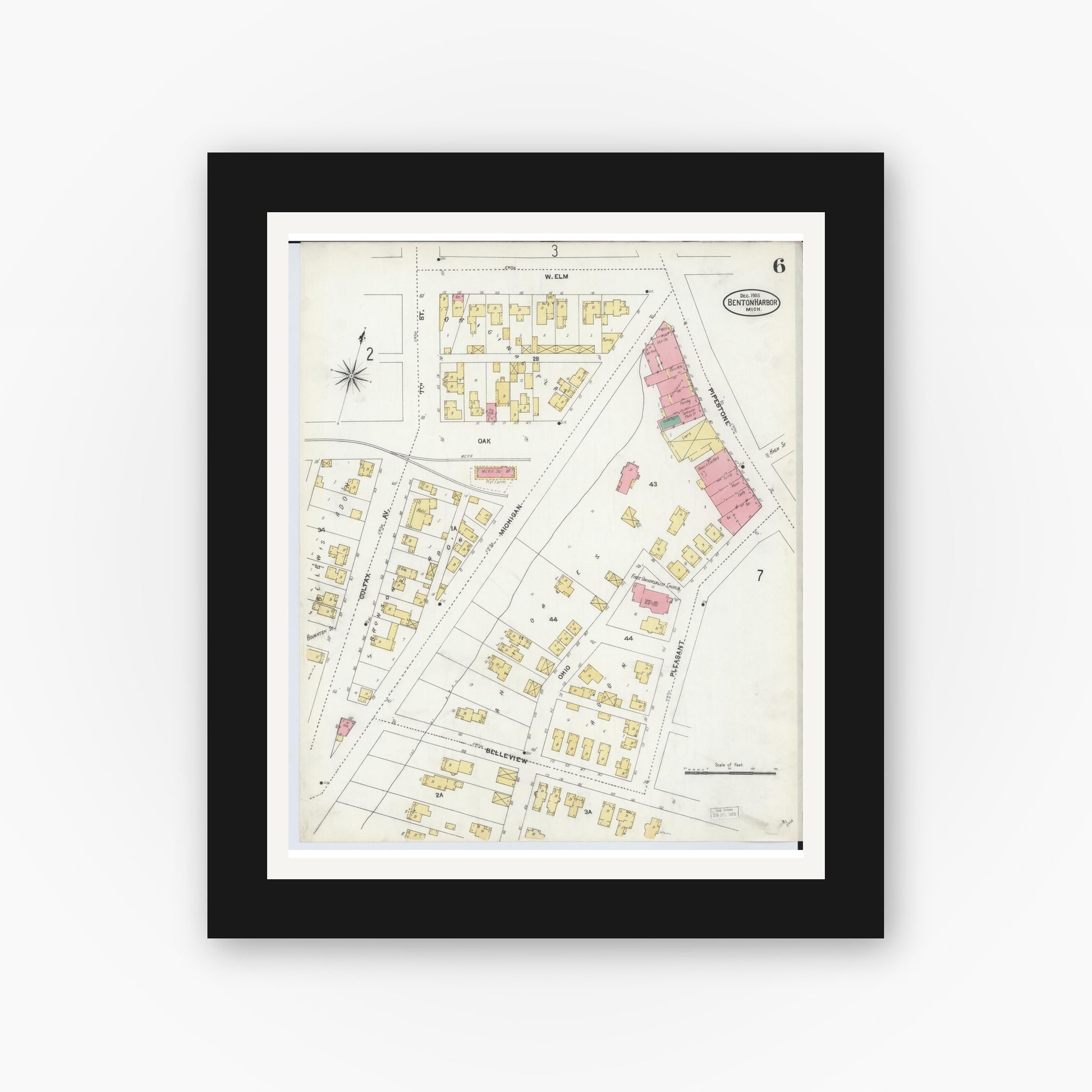 Old map wall art mockup — black gallery frame with white mat — Sanborn Fire Insurance Map from Benton Harbor, Berrien County, Michigan (1905), Sheet #0006
