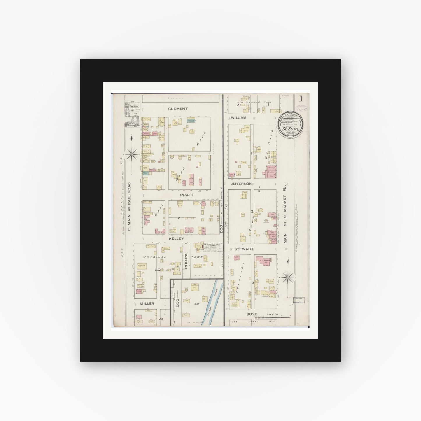 Old map wall art mockup — black gallery frame with white mat — Sanborn Fire Insurance Map from De Soto, Jefferson County, Missouri (1886) - Complete Map Set