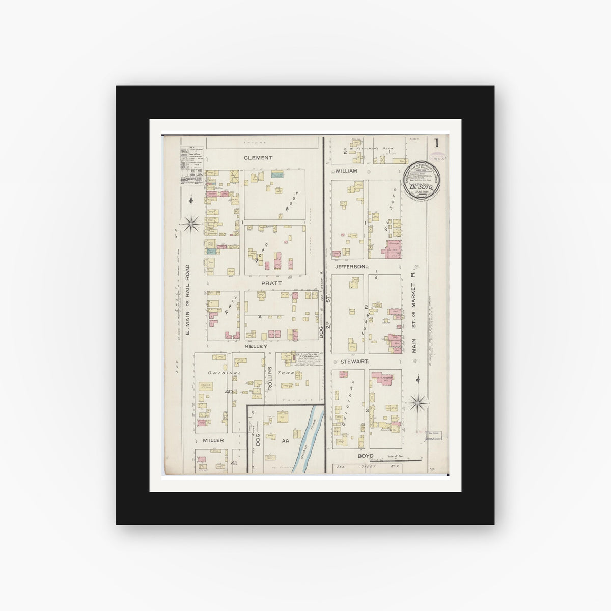 Old map wall art mockup — black gallery frame with white mat — Sanborn Fire Insurance Map from De Soto, Jefferson County, Missouri (1886) - Complete Map Set