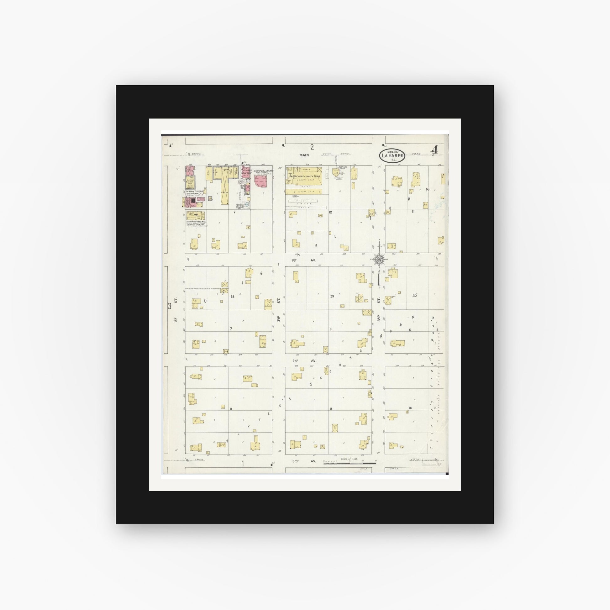 Old map wall art mockup — black gallery frame with white mat — Sanborn Fire Insurance Map from La Harpe, Hancock County, Illinois (1912), Sheet #0004