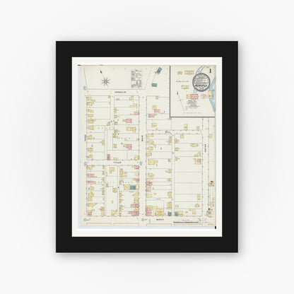 Old map wall art mockup — black gallery frame with white mat — Sanborn Fire Insurance Map from Waynesville, Warren County, Ohio (1895), Sheet #0001