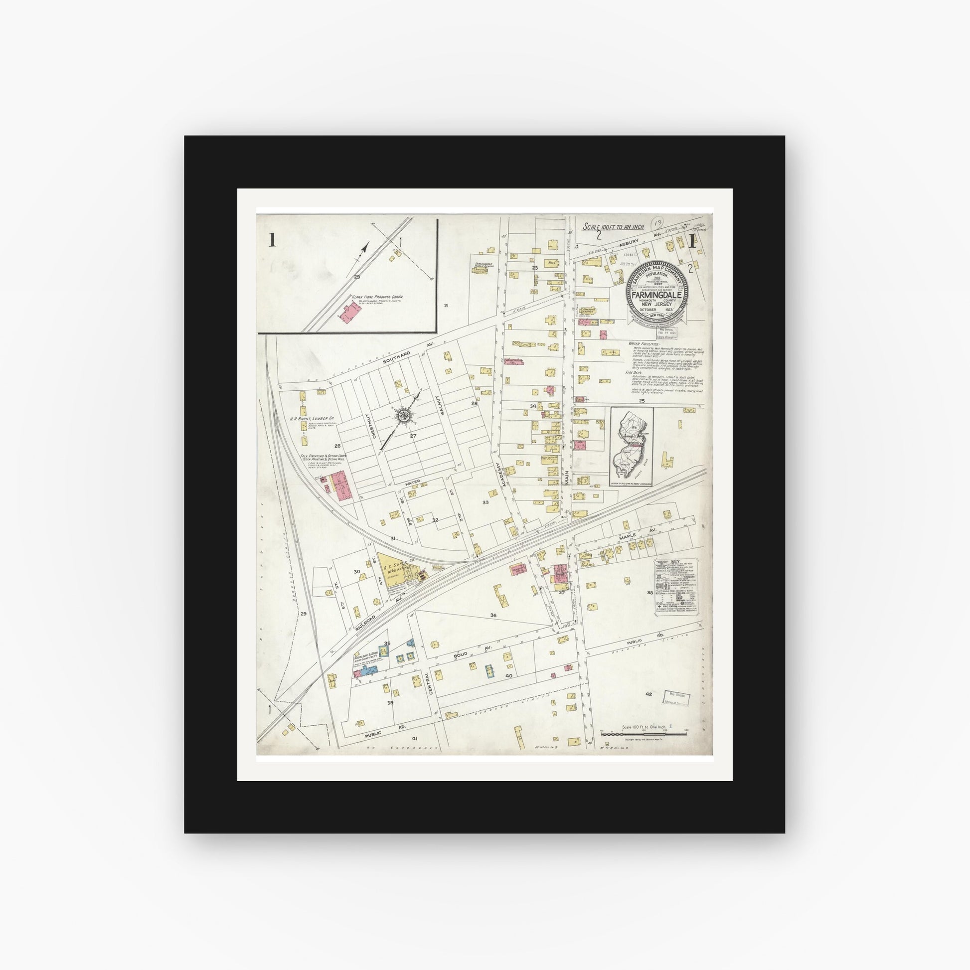 Old map wall art mockup — black gallery frame with white mat — Sanborn Fire Insurance Map from Farmingdale, Monmouth County, New Jersey (1923), Sheet #0001