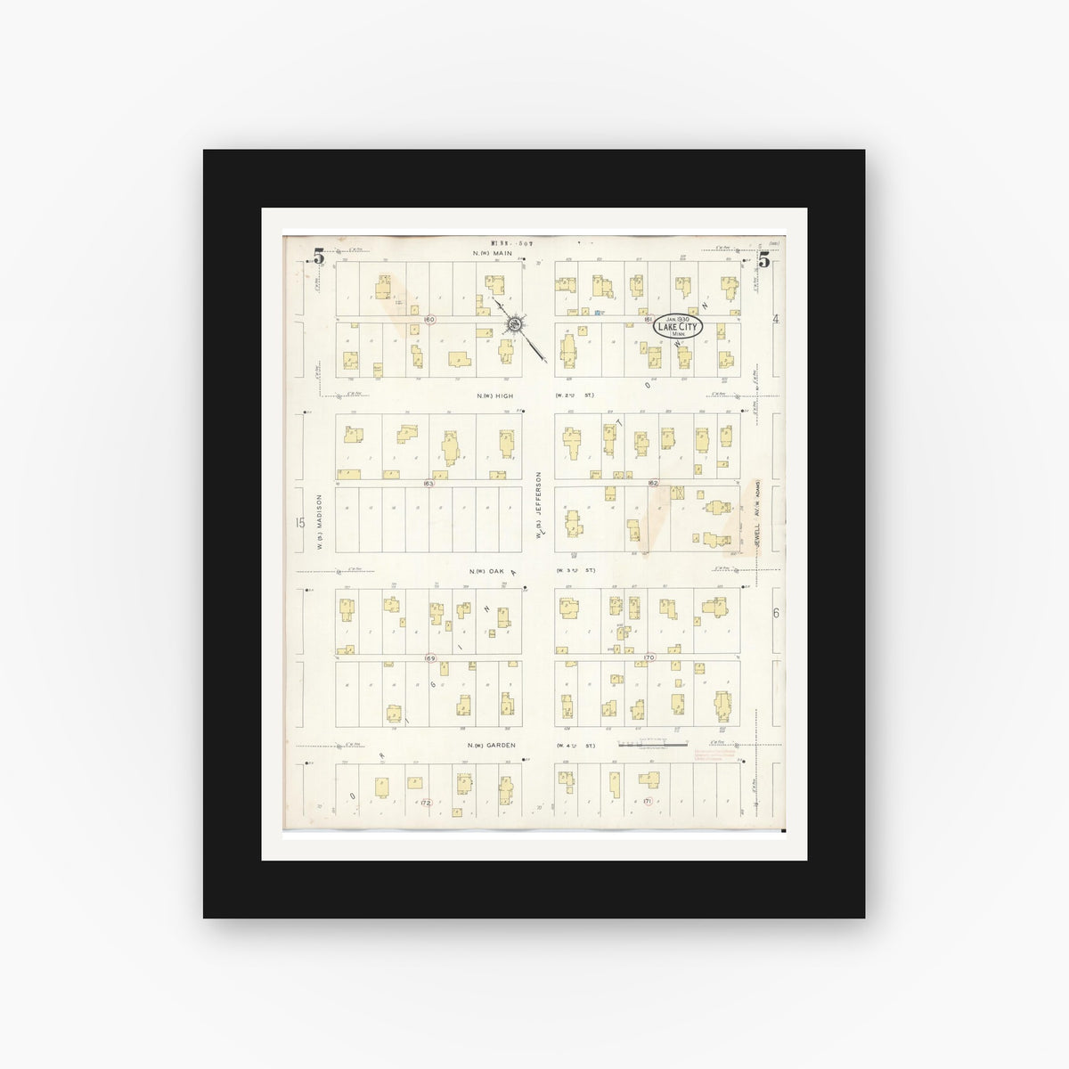 Old map wall art mockup — black gallery frame with white mat — Sanborn Fire Insurance Map from Lake City, Wabasha County, Minnesota (1938), Sheet #0005
