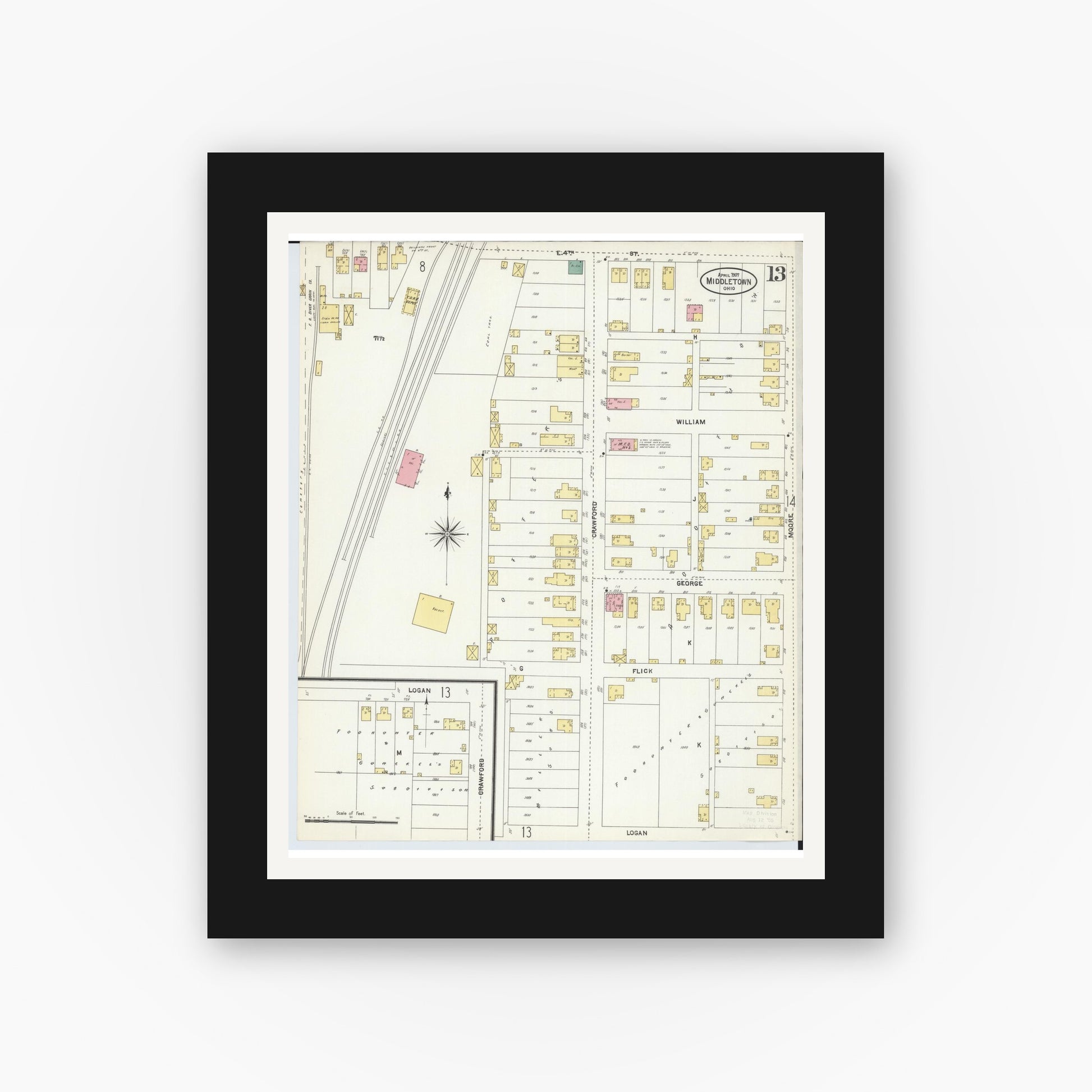 Old map wall art mockup — black gallery frame with white mat — Sanborn Fire Insurance Map from Middletown, Butler County, Ohio (1907), Sheet #0013