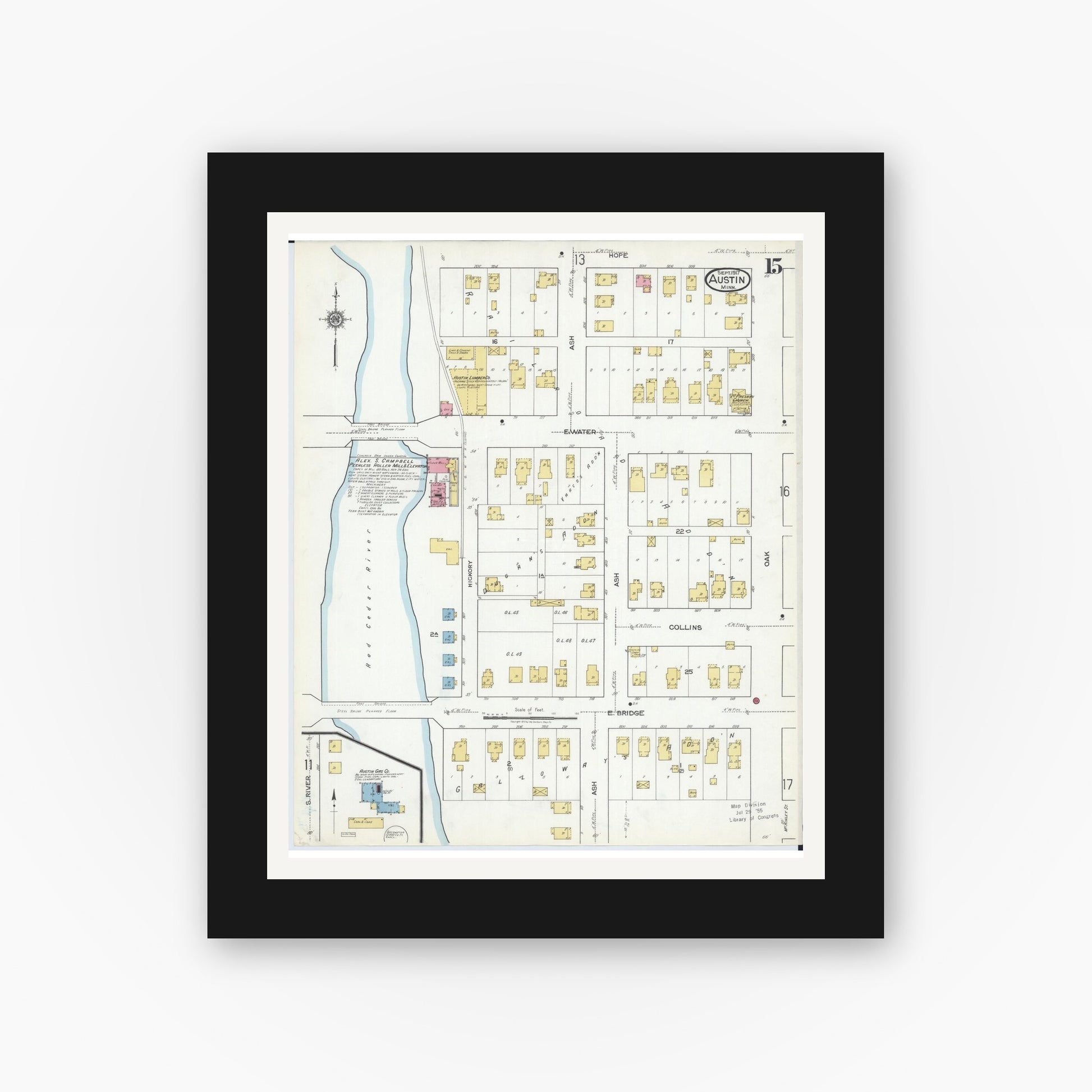 Old map wall art mockup — black gallery frame with white mat — Sanborn Fire Insurance Map from Austin, Mower County, Minnesota (1917), Sheet #0015