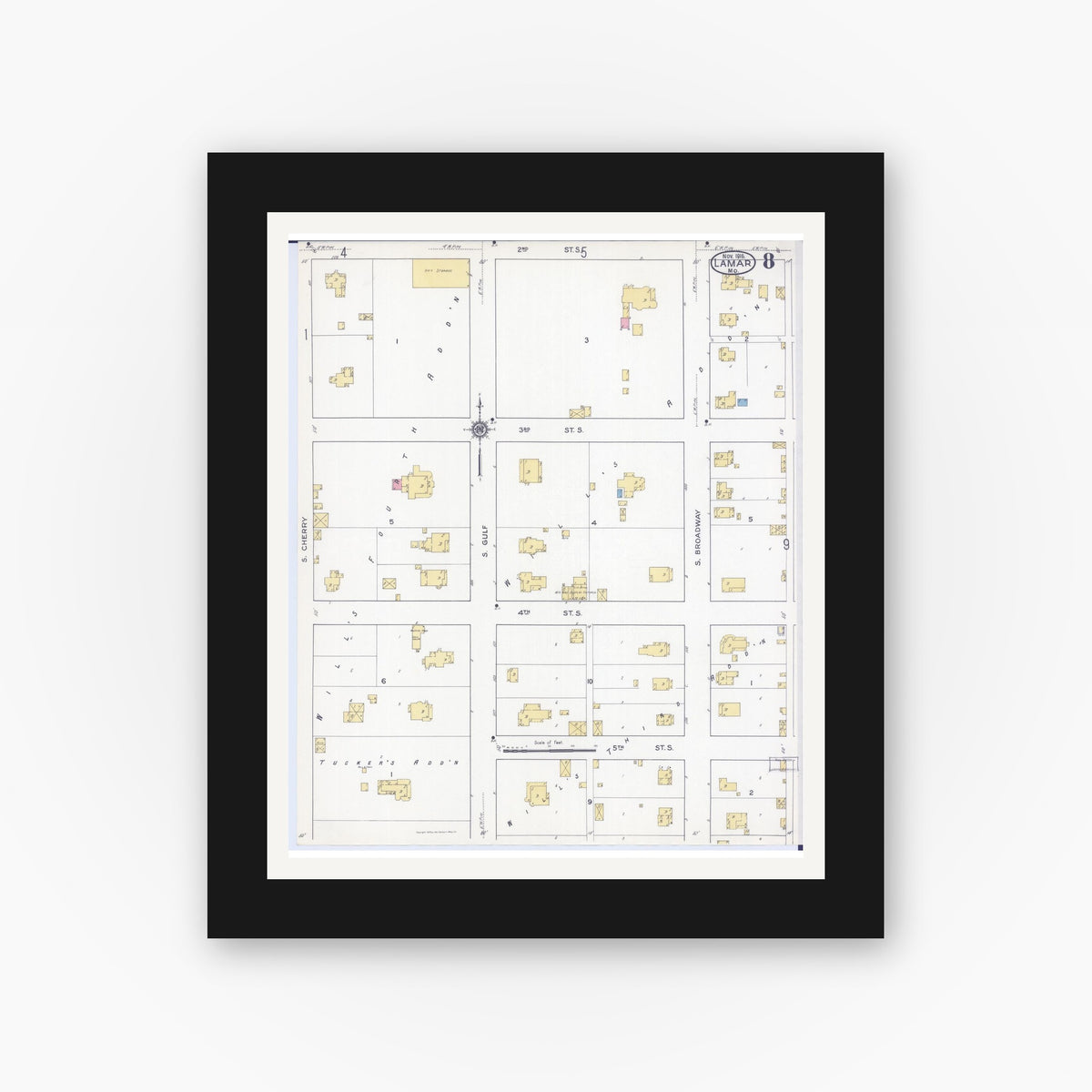 Old map wall art mockup — black gallery frame with white mat — Sanborn Fire Insurance Map from Lamar, Barton County, Missouri (1916), Sheet #0008