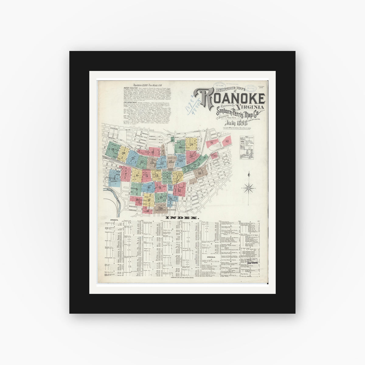 Old map wall art mockup — black gallery frame with white mat — Sanborn Fire Insurance Map from Roanoke, Independent Cities, Virginia (1898), Sheet #0001