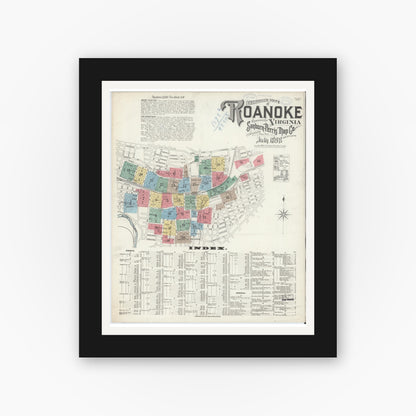 Old map wall art mockup — black gallery frame with white mat — Sanborn Fire Insurance Map from Roanoke, Independent Cities, Virginia (1898), Sheet #0001