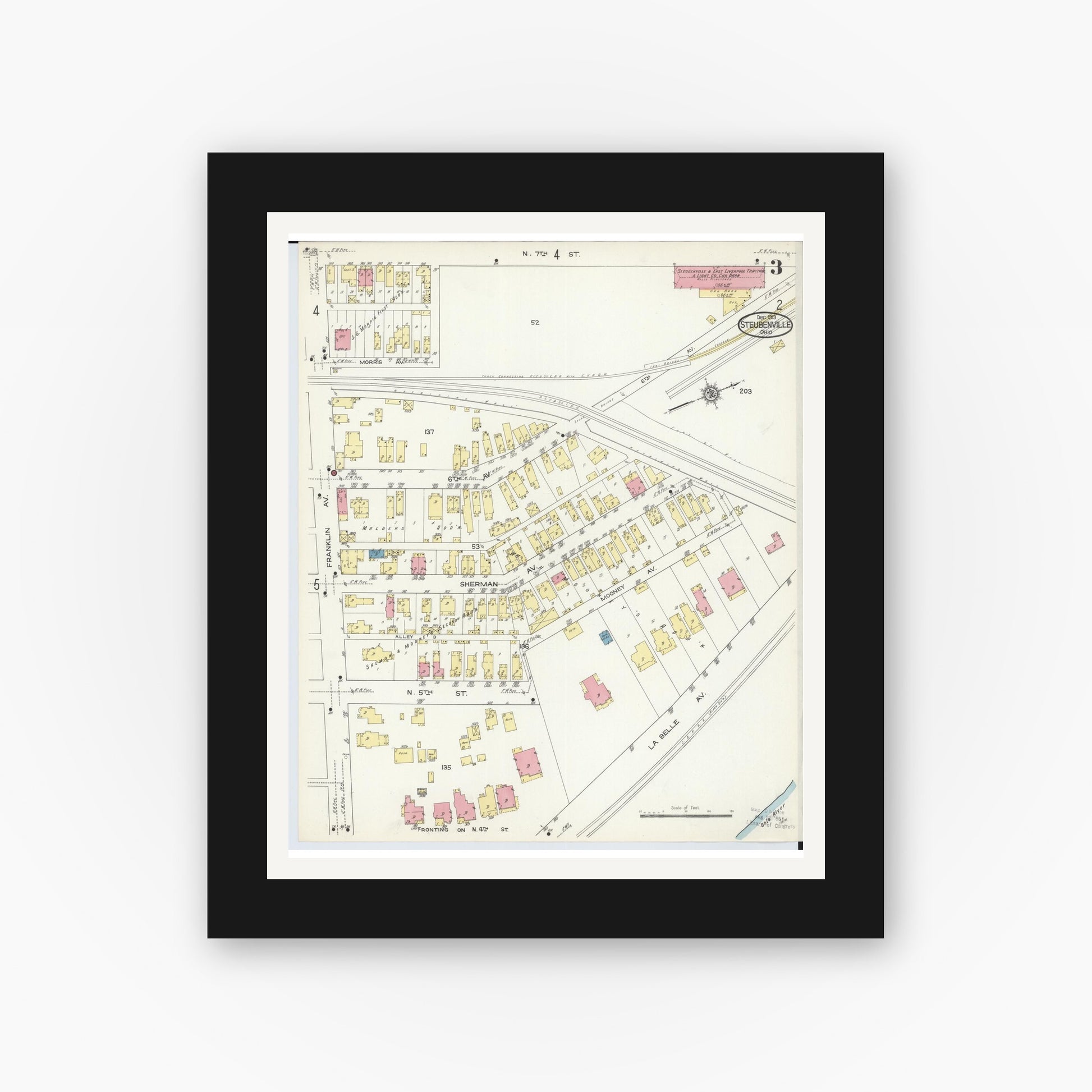 Old map wall art mockup — black gallery frame with white mat — Sanborn Fire Insurance Map from Steubenville, Jefferson County, Ohio (1913), Sheet #0003