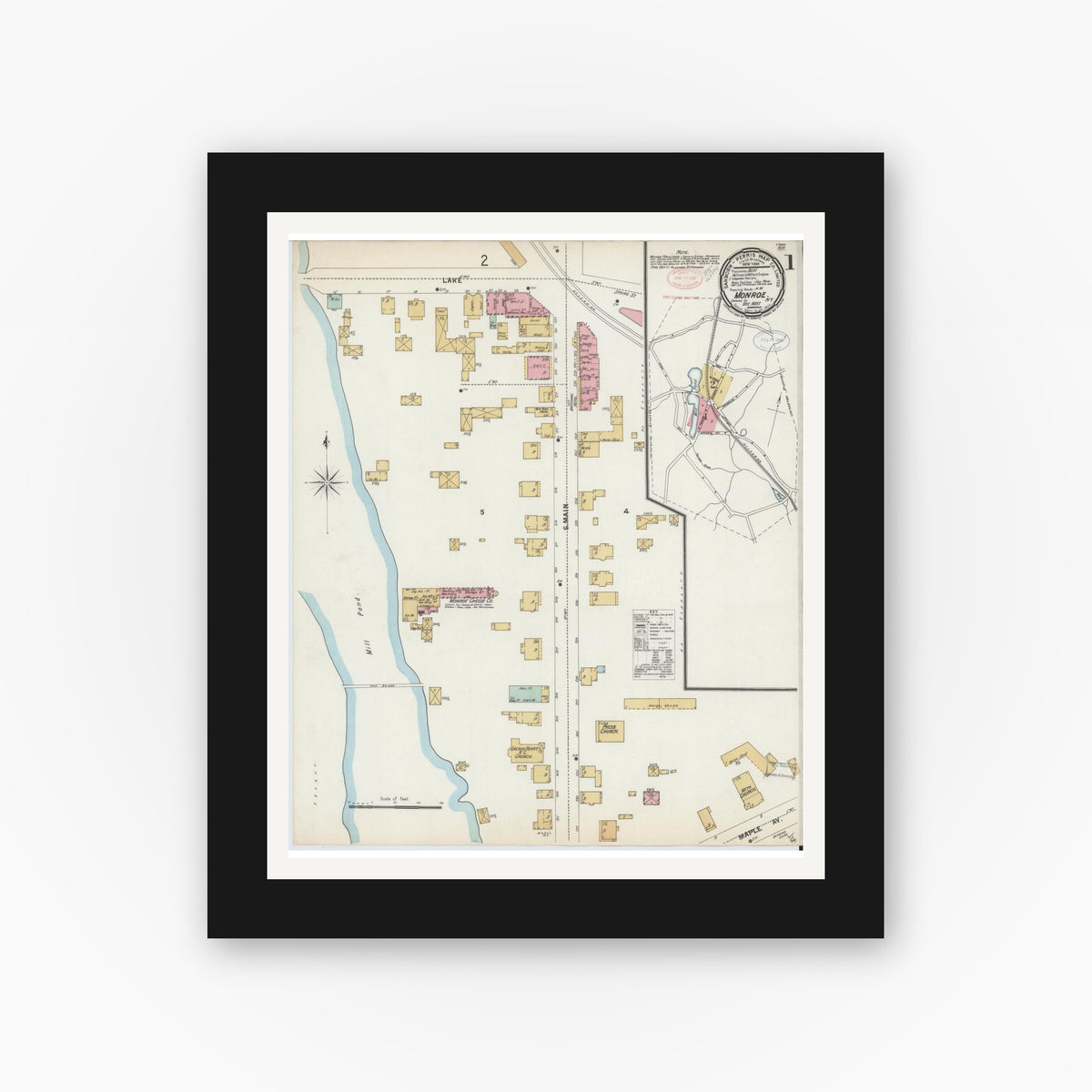 Old map wall art mockup — black gallery frame with white mat — Sanborn Fire Insurance Map from Monroe, Orange County, New York (1897) - Complete Map Set