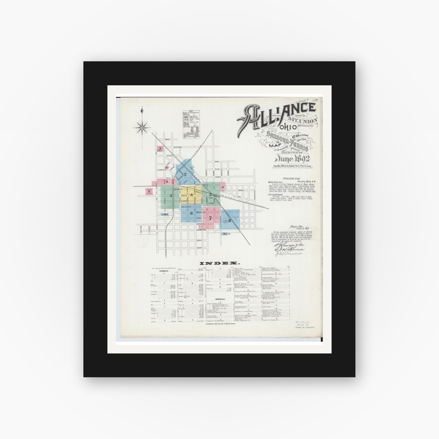 Old map wall art mockup — black gallery frame with white mat — Sanborn Fire Insurance Map from Alliance, Stark County, Ohio (1892) - Complete Map Set