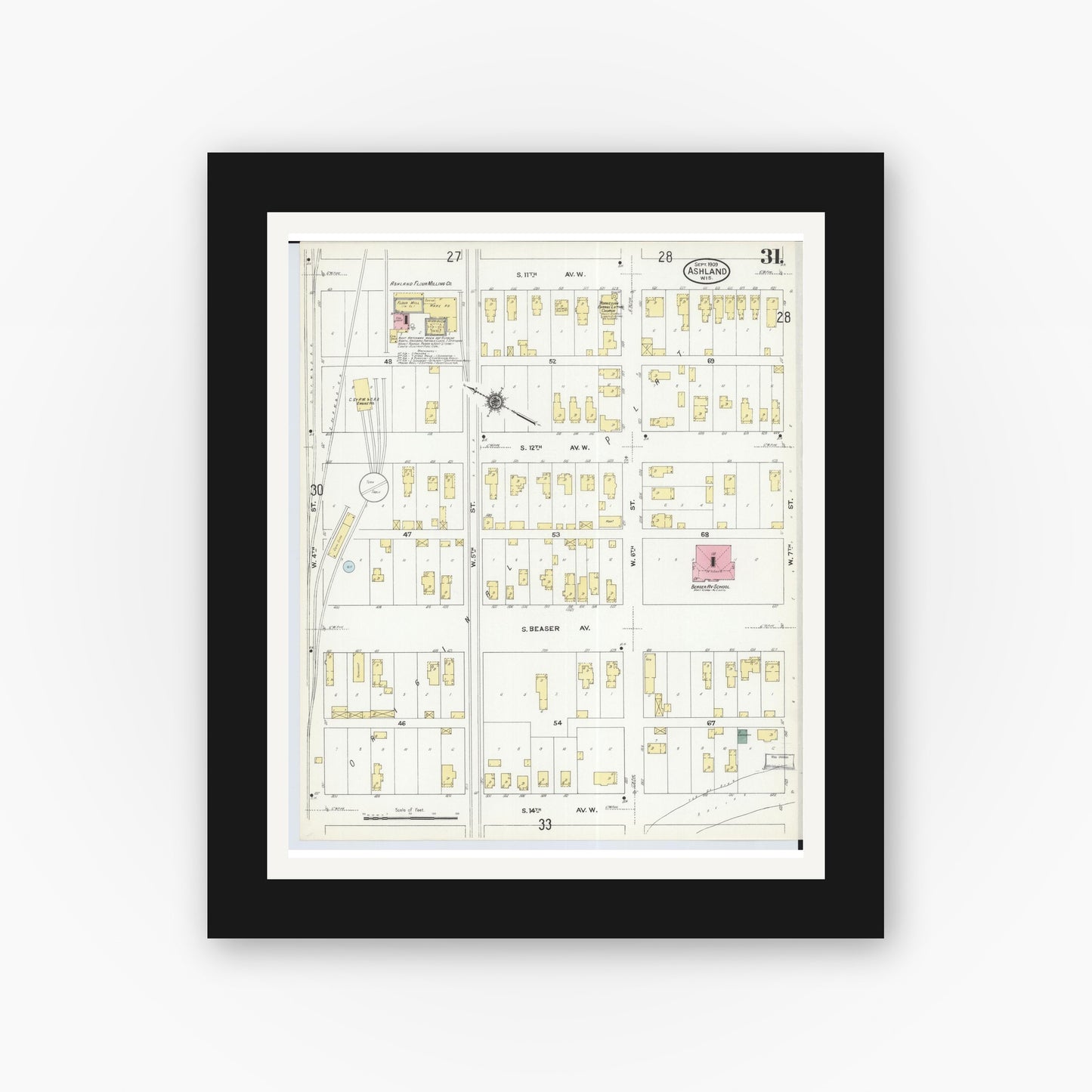 Old map wall art mockup — black gallery frame with white mat — Sanborn Fire Insurance Map from Ashland, Ashland County, Wisconsin (1909), Sheet #0031