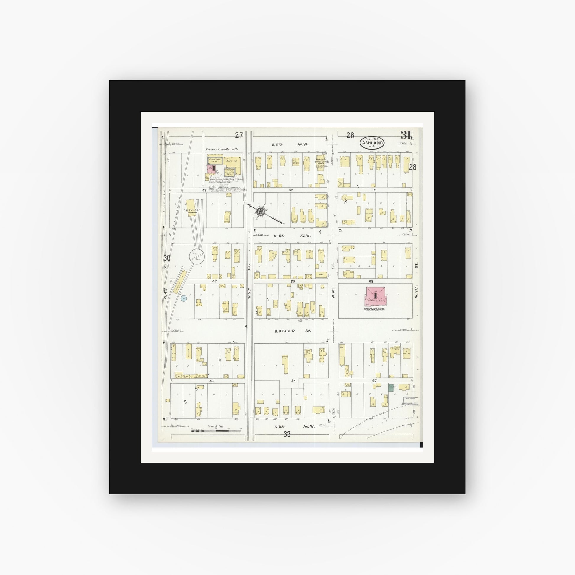 Old map wall art mockup — black gallery frame with white mat — Sanborn Fire Insurance Map from Ashland, Ashland County, Wisconsin (1909), Sheet #0031