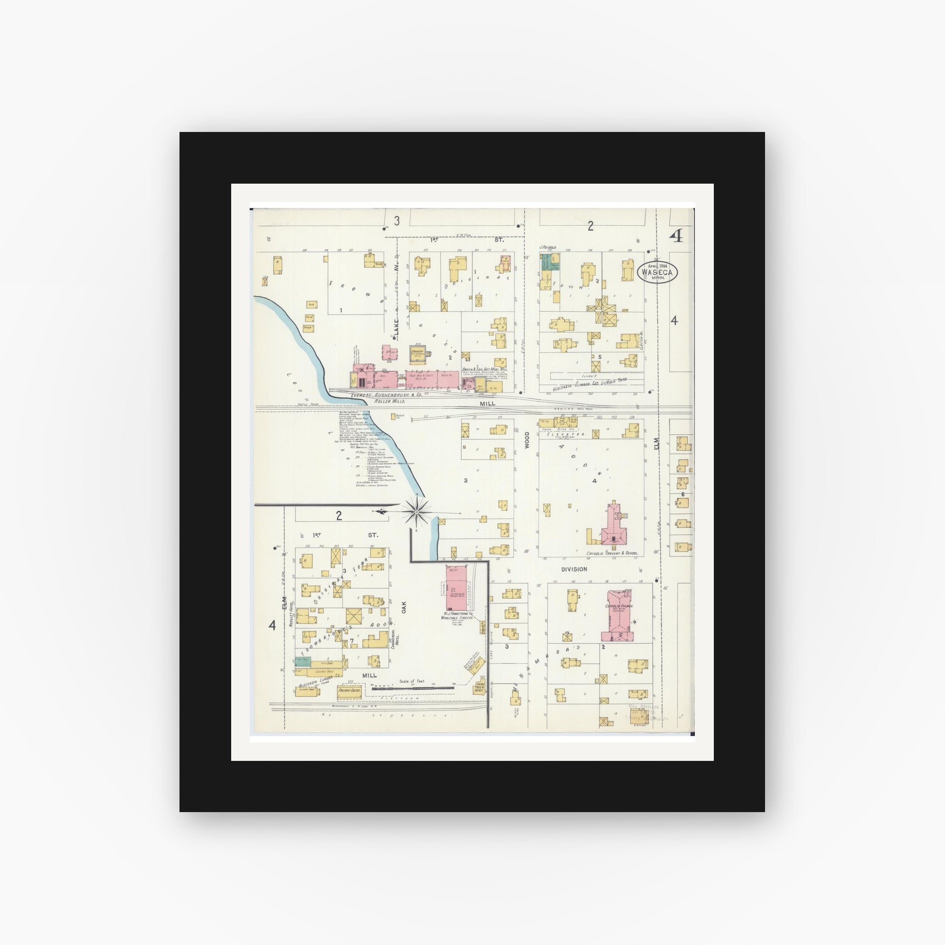 Old map wall art mockup — black gallery frame with white mat — Sanborn Fire Insurance Map from Waseca, Waseca County, Minnesota (1904), Sheet #0004
