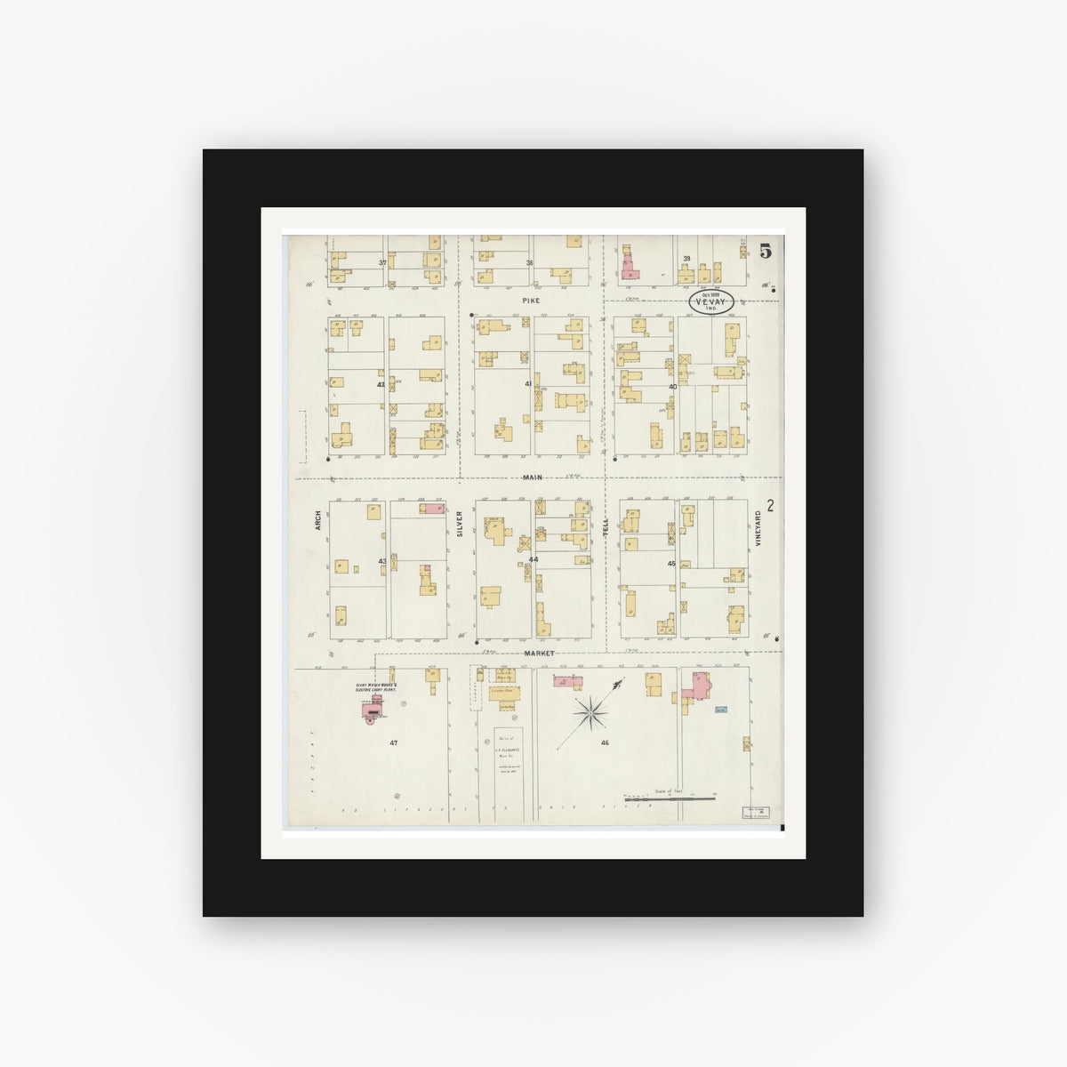 Old map wall art mockup — black gallery frame with white mat — Sanborn Fire Insurance Map from Vevay, Switzerland County, Indiana (1899), Sheet #0005