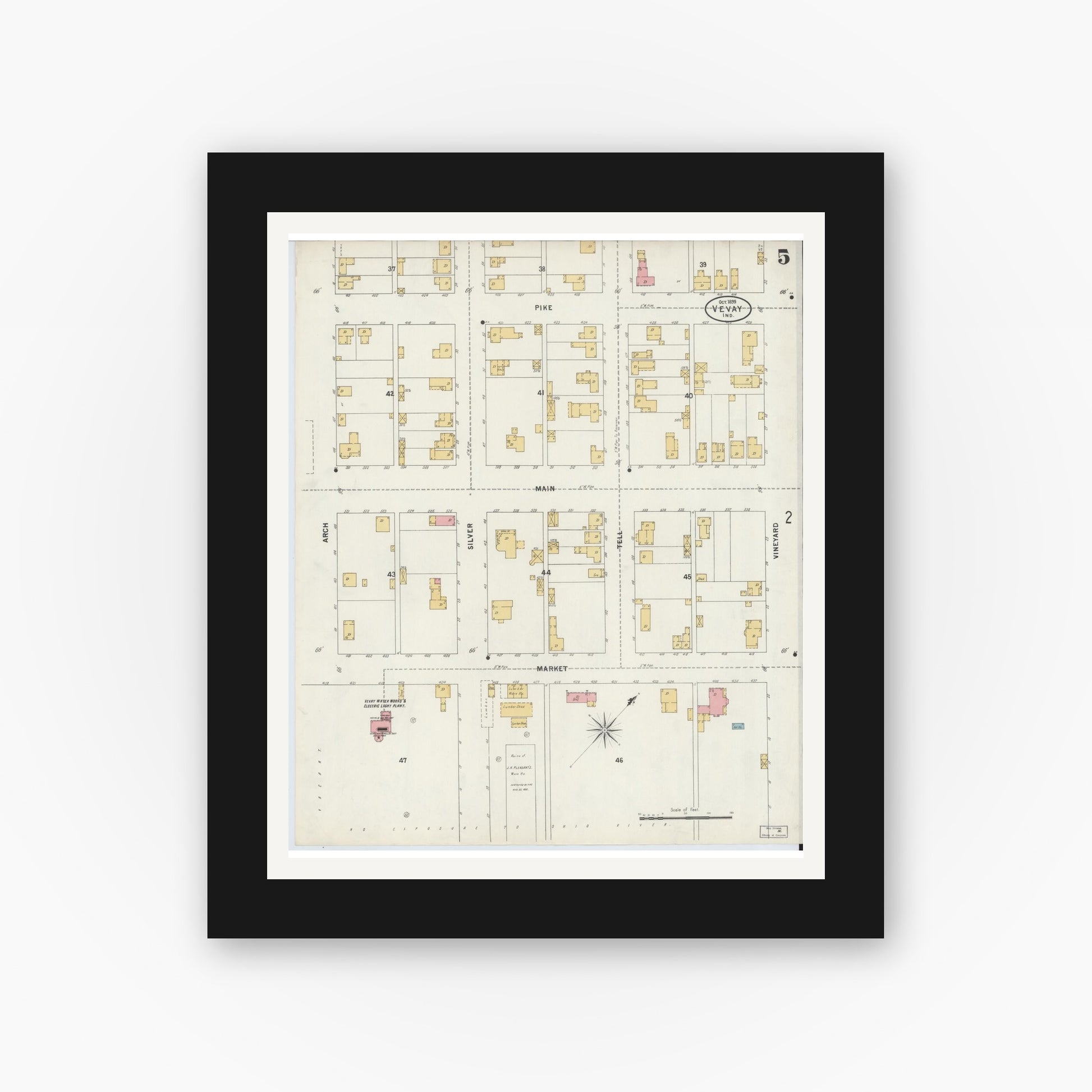 Old map wall art mockup — black gallery frame with white mat — Sanborn Fire Insurance Map from Vevay, Switzerland County, Indiana (1899), Sheet #0005