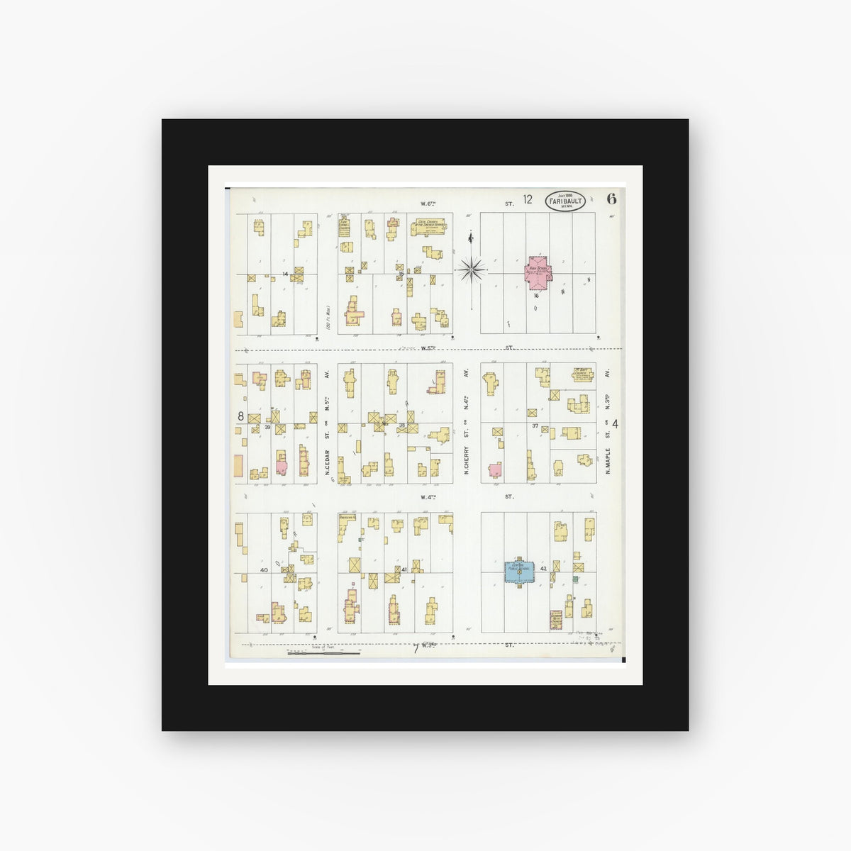 Old map wall art mockup — black gallery frame with white mat — Sanborn Fire Insurance Map from Faribault, Rice County, Minnesota (1899), Sheet #0006