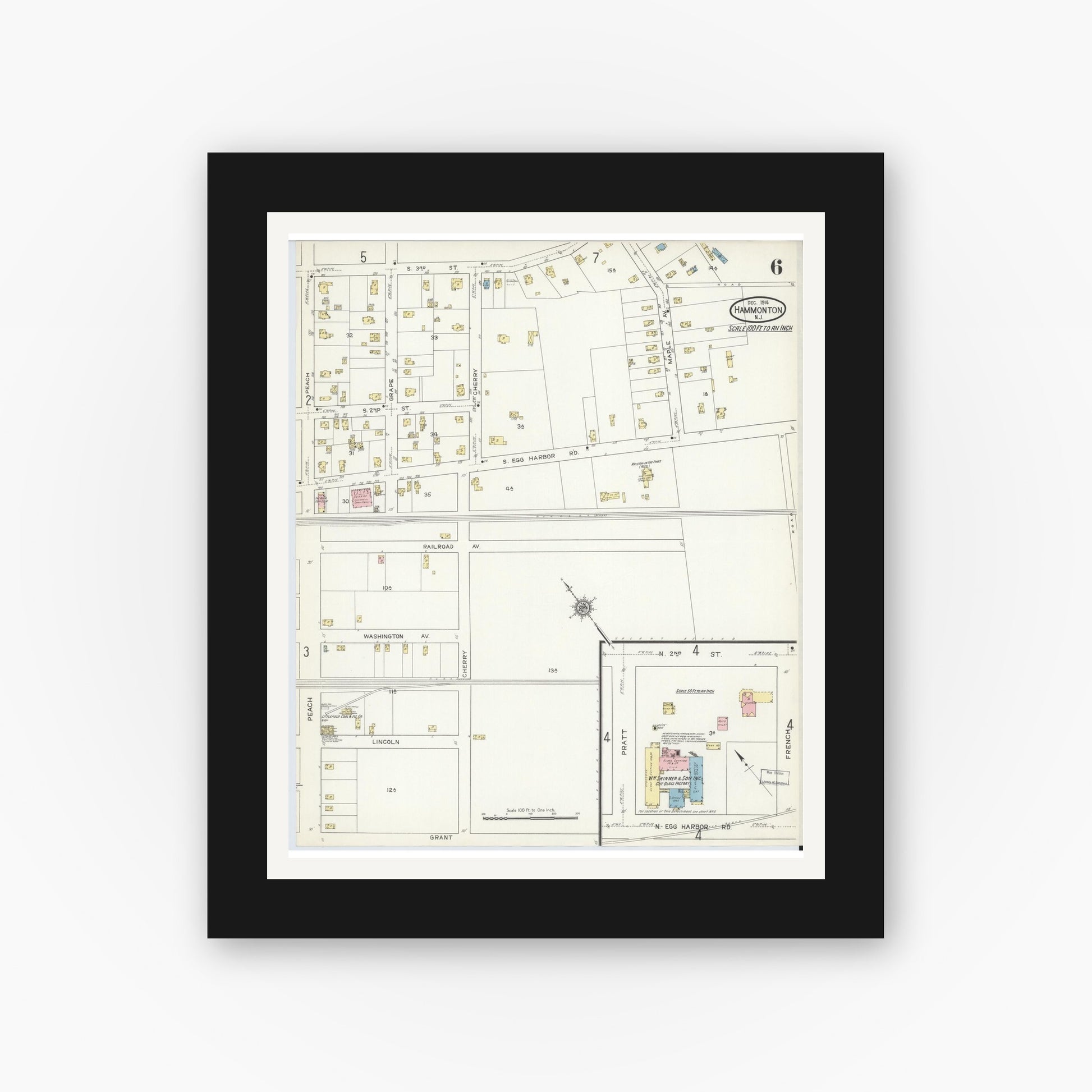 Old map wall art mockup — black gallery frame with white mat — Sanborn Fire Insurance Map from Hammonton, Atlantic County, New Jersey (1914), Sheet #0006