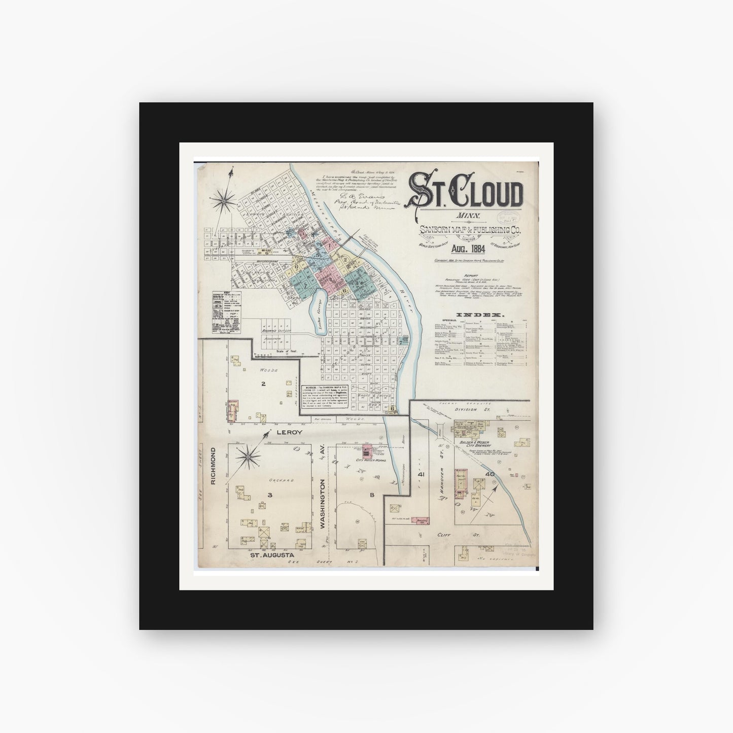 Old map wall art mockup — black gallery frame with white mat — Sanborn Fire Insurance Map from Saint Cloud, Stearns, Benton, and Sherburne Counties, Minnesota (1884) - Complete Map Set
