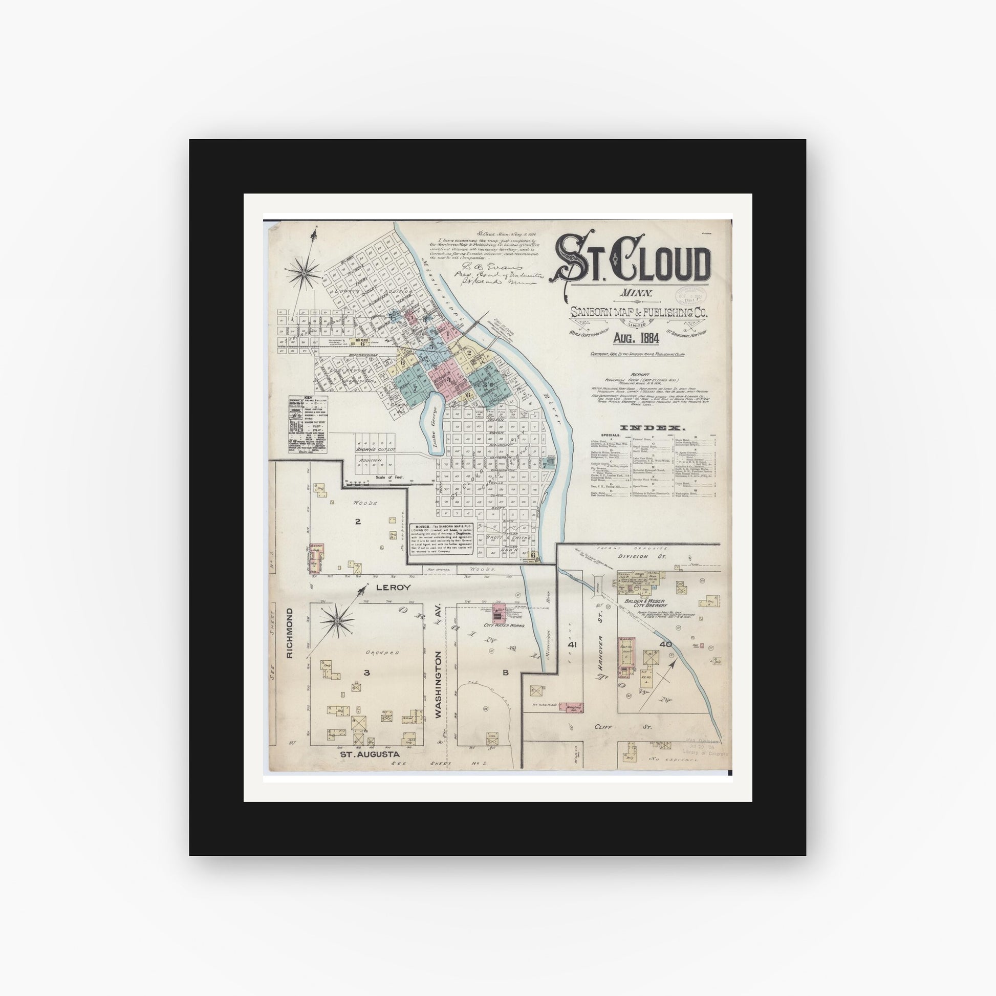 Old map wall art mockup — black gallery frame with white mat — Sanborn Fire Insurance Map from Saint Cloud, Stearns, Benton, and Sherburne Counties, Minnesota (1884) - Complete Map Set