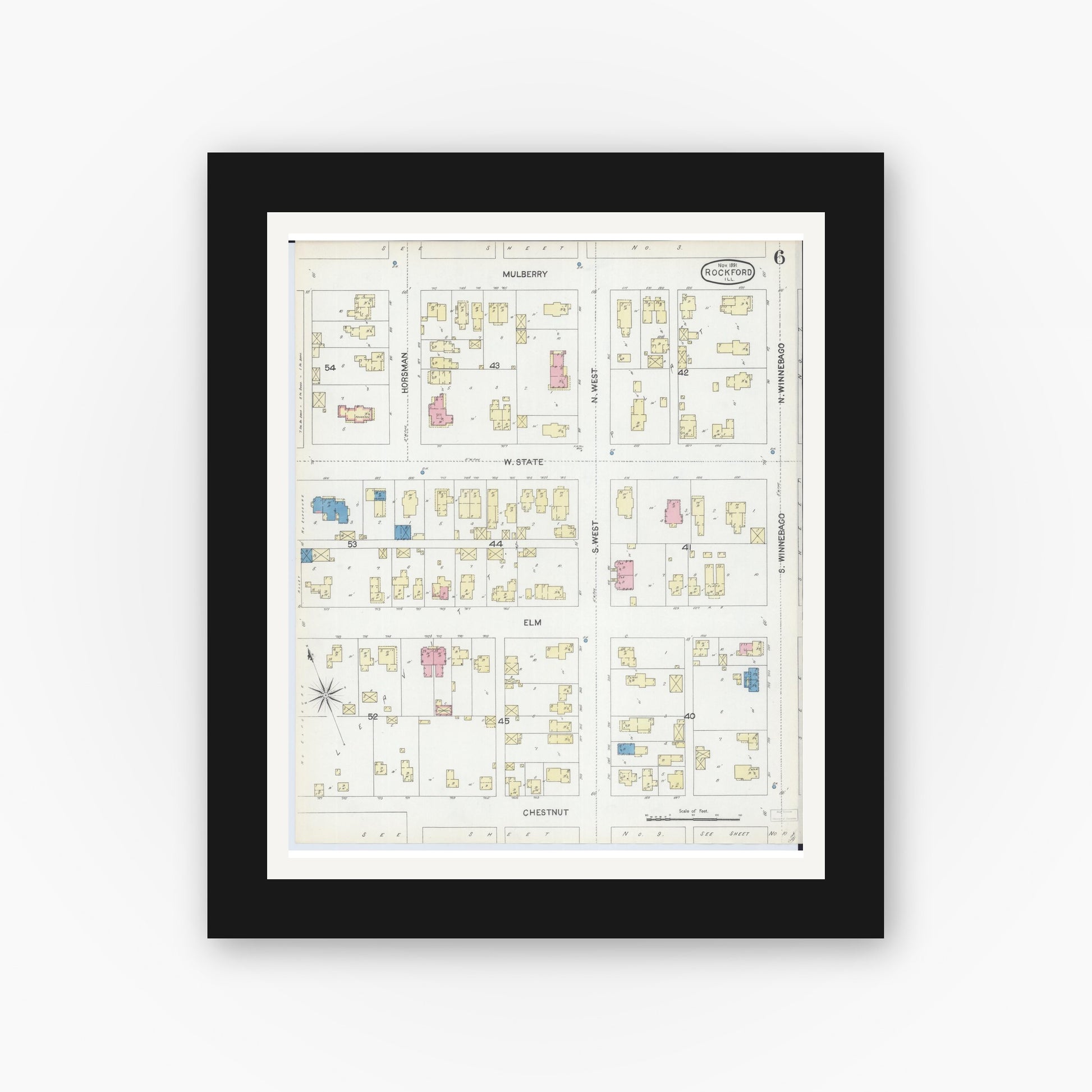 Old map wall art mockup — black gallery frame with white mat — Sanborn Fire Insurance Map from Rockford, Winnebago County, Illinois (1891), Sheet #0006