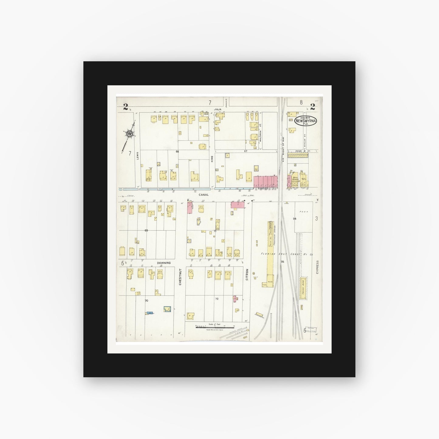 Old map wall art mockup — black gallery frame with white mat — Sanborn Fire Insurance Map from New Smyrna, Valusia County, Florida (1924), Sheet #0002