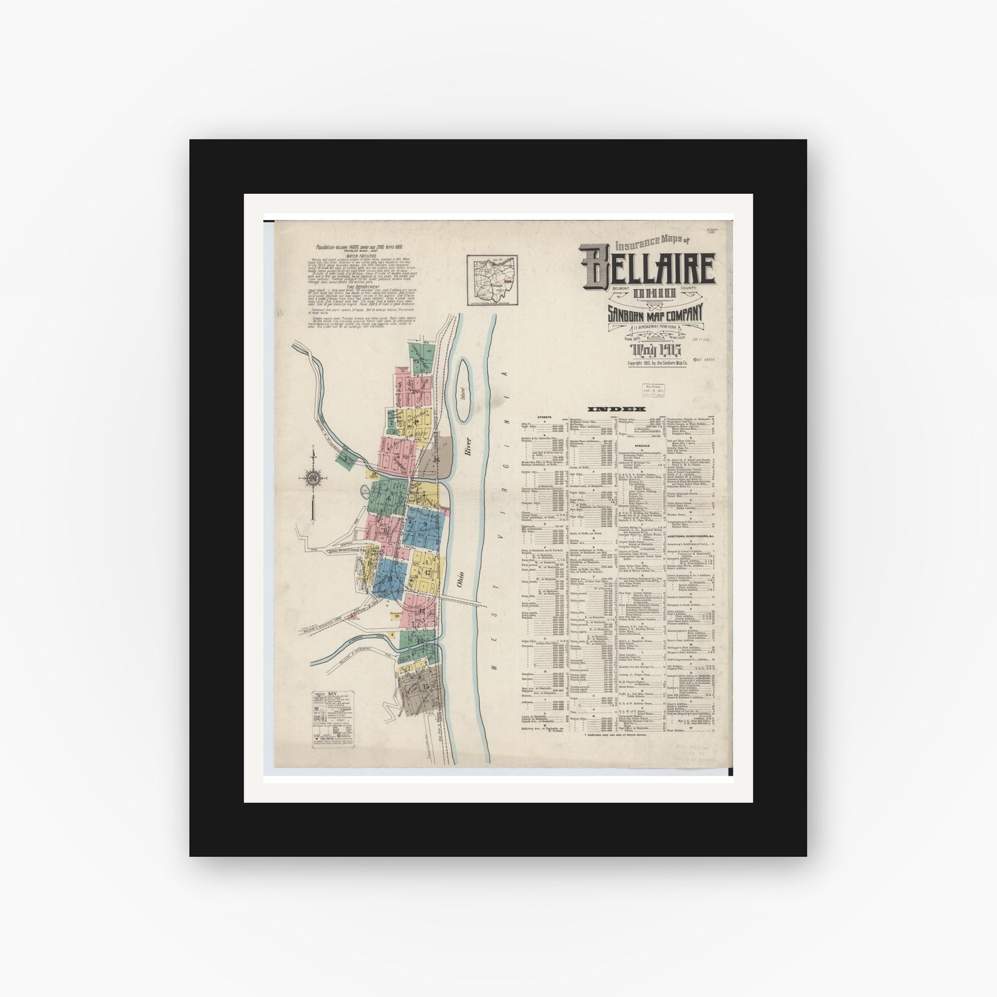 Old map wall art mockup — black gallery frame with white mat — Sanborn Fire Insurance Map from Bellaire, Belmont County, Ohio (1915) - Complete Map Set