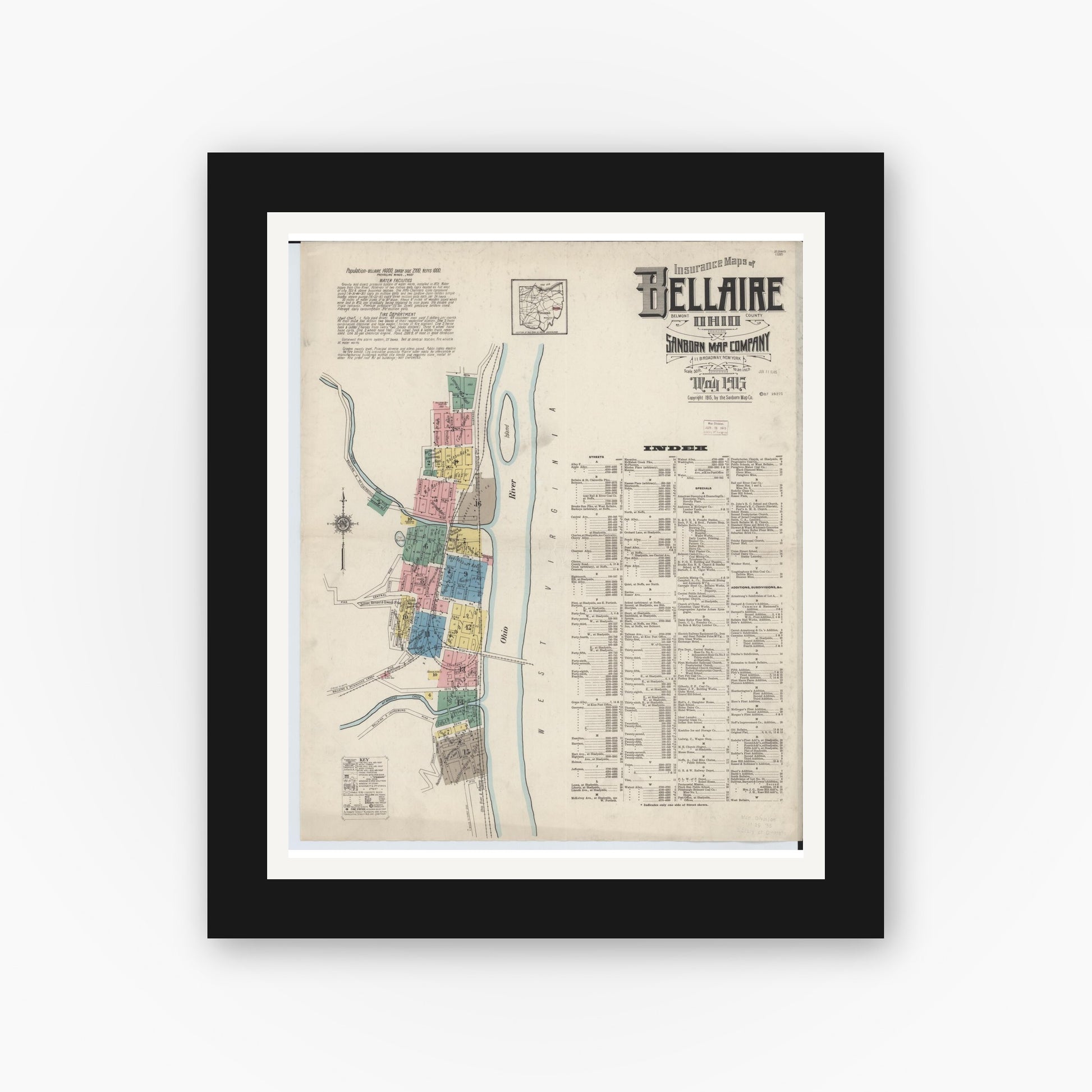 Old map wall art mockup — black gallery frame with white mat — Sanborn Fire Insurance Map from Bellaire, Belmont County, Ohio (1915) - Complete Map Set