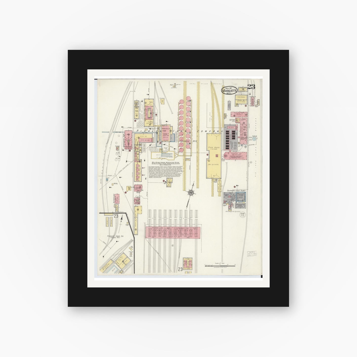 Old map wall art mockup — black gallery frame with white mat — Sanborn Fire Insurance Map from Marquette, Marquette County, Michigan (1917), Sheet #0023